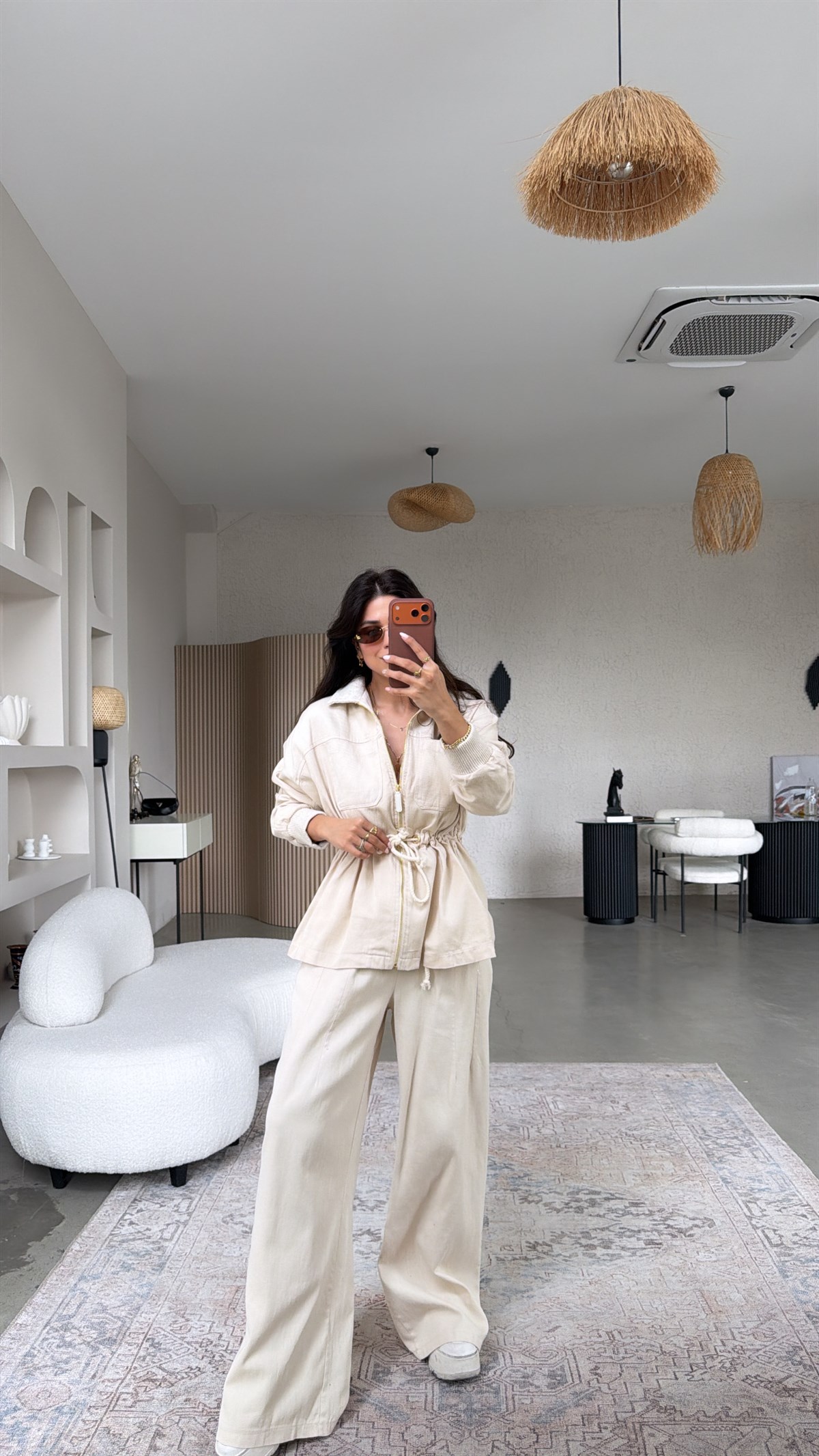 Krem Yüzde Yüz Pamuklu Gold Detaylı Ceket Pantolon Takım