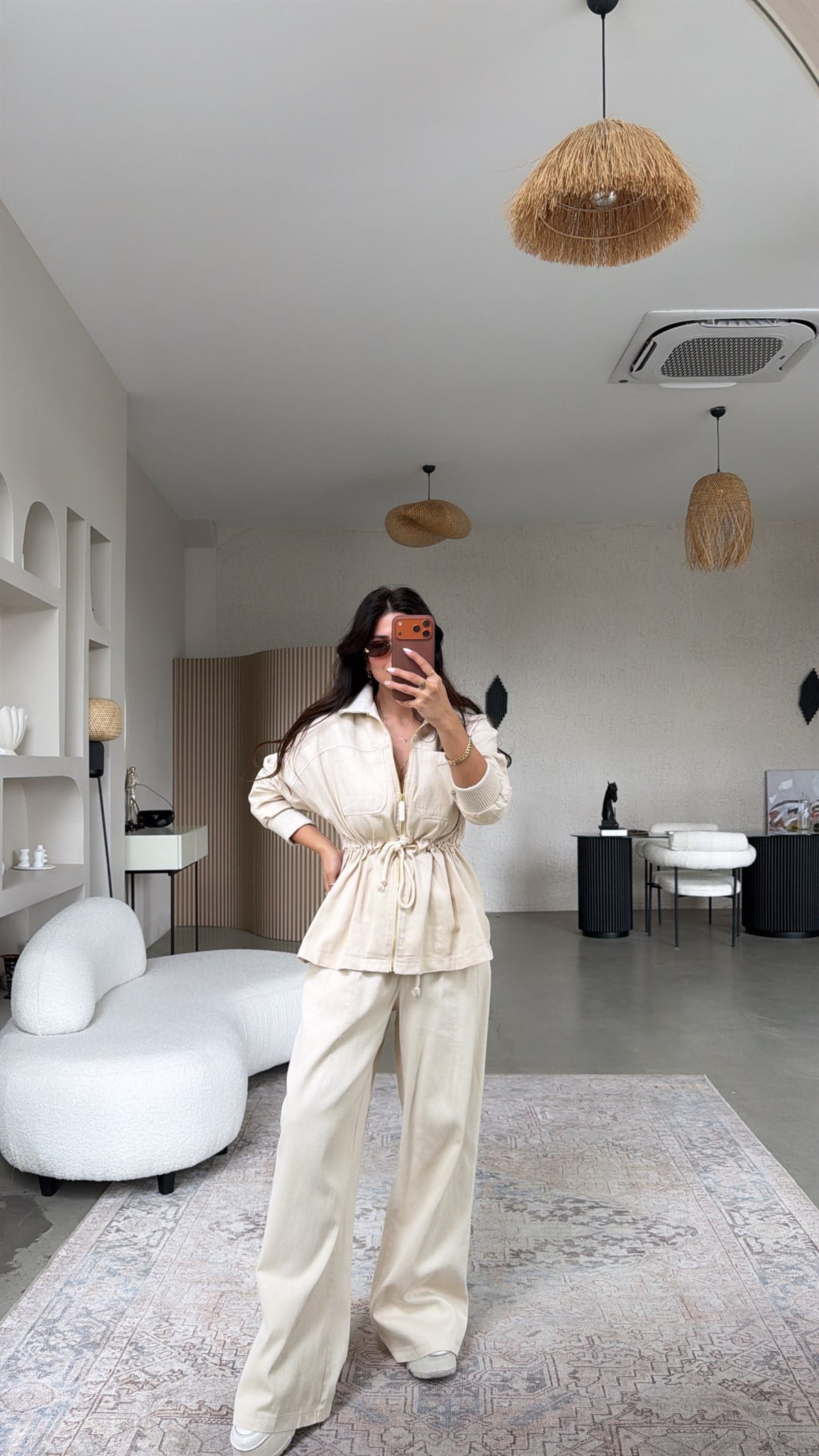 Krem Yüzde Yüz Pamuklu Gold Detaylı Ceket Pantolon Takım