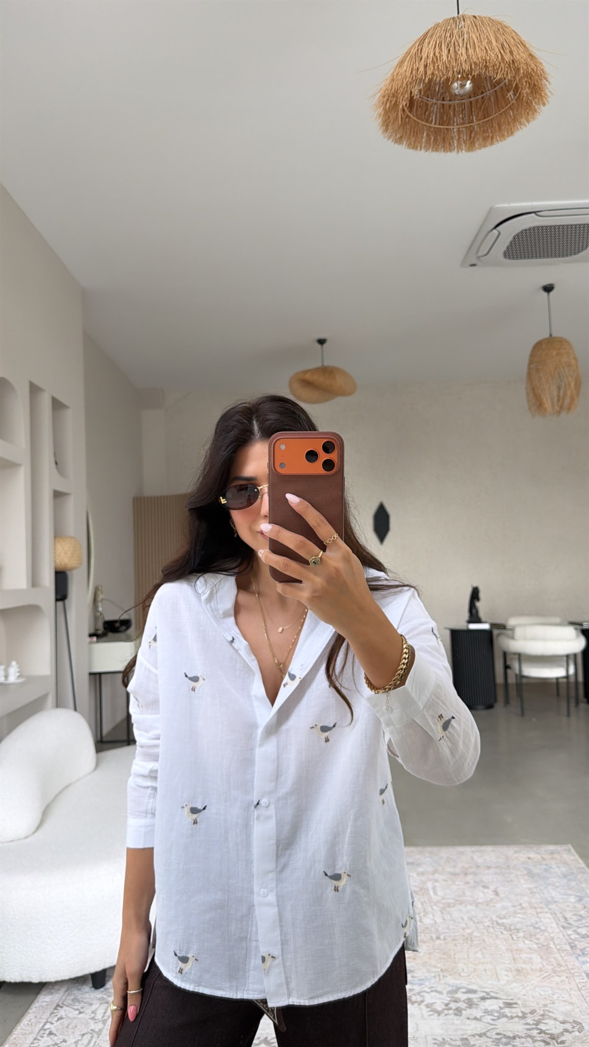 Kuş Nakışlı Premium Beyaz Keten Gömlek