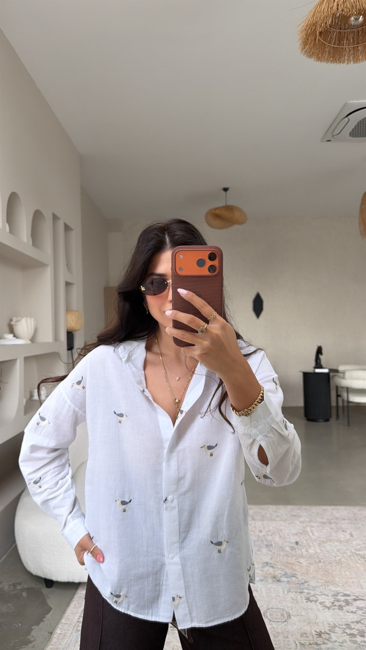 Kuş Nakışlı Premium Beyaz Keten Gömlek