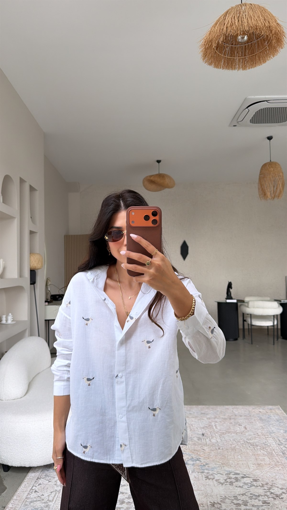 Kuş Nakışlı Premium Beyaz Keten Gömlek