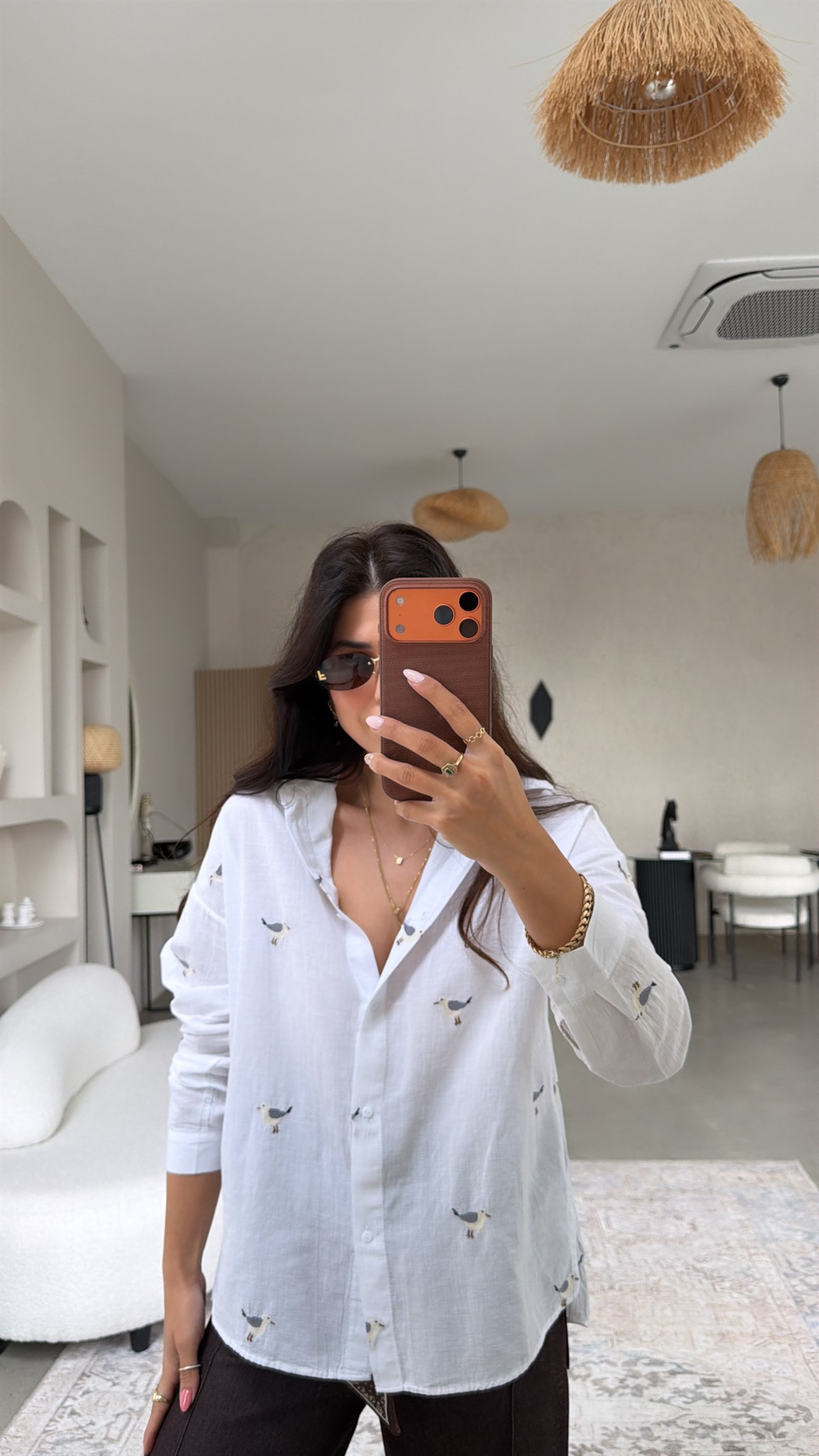 Kuş Nakışlı Premium Beyaz Keten Gömlek