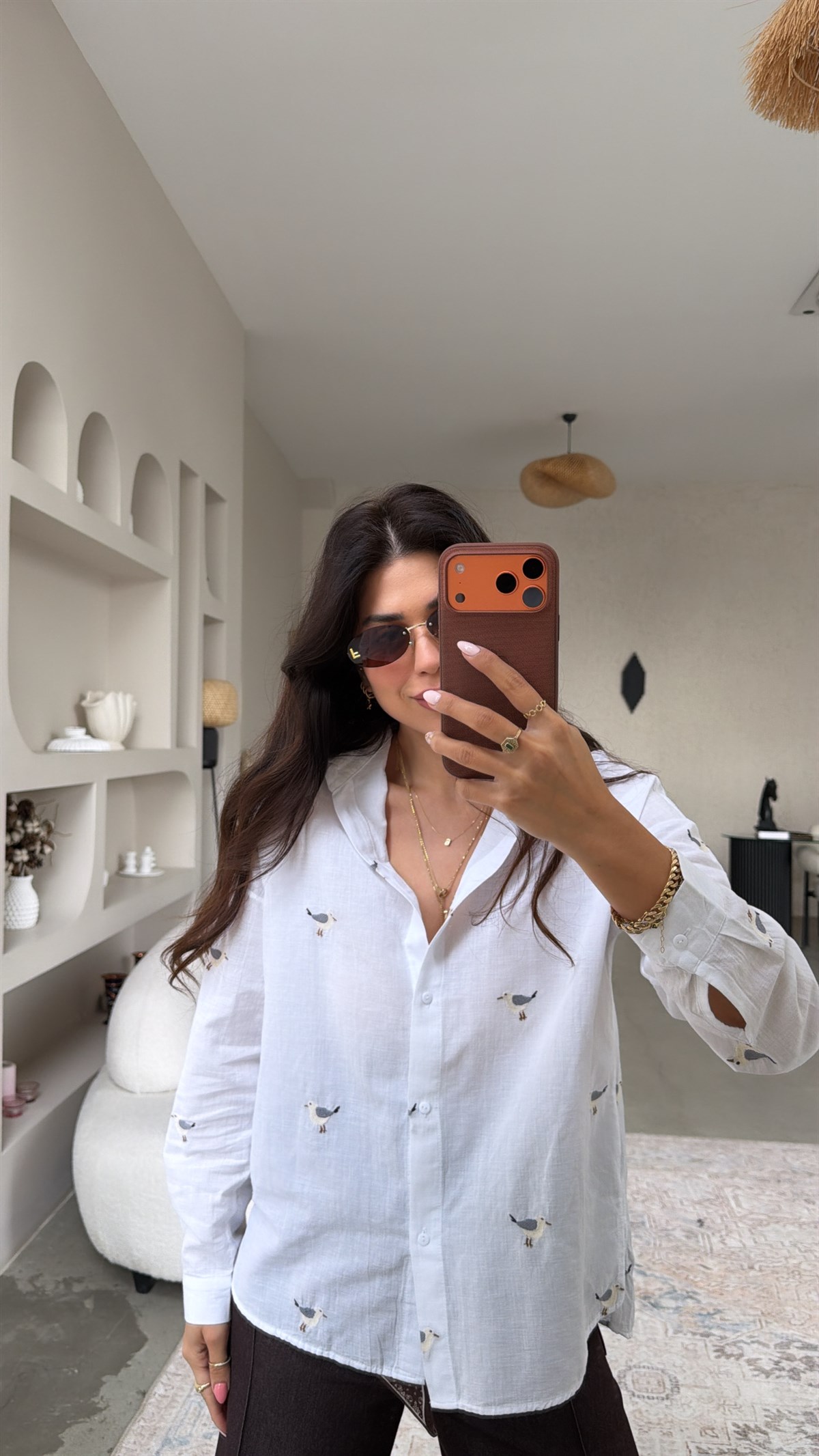 Kuş Nakışlı Premium Beyaz Keten Gömlek