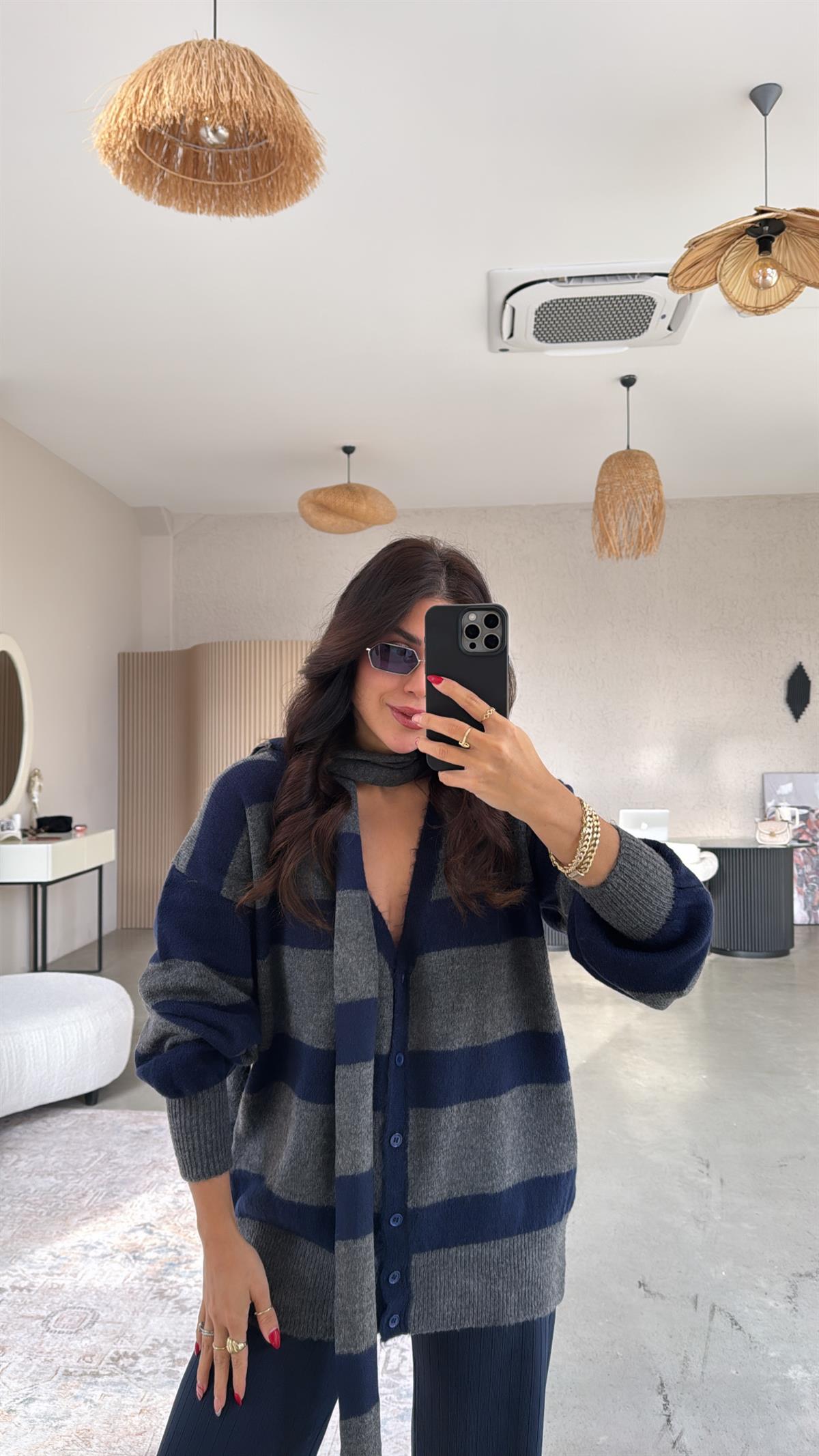 Lacivert Antrasit Şeritli Kendinden Atkılı Yumoş Hırka