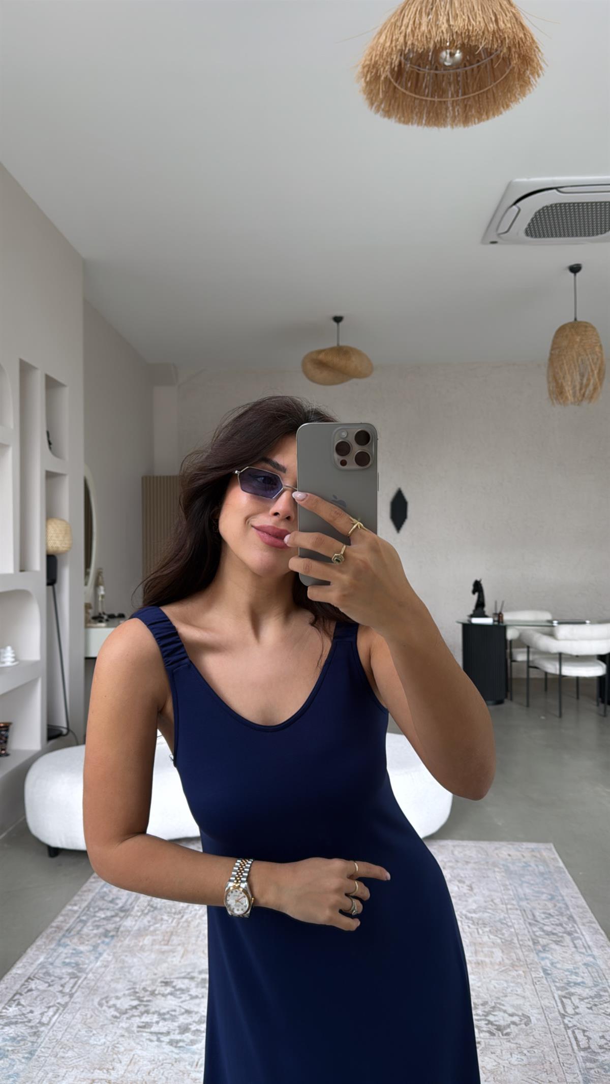 Lacivert Askıları Lastikli Pike Modal Elbise
