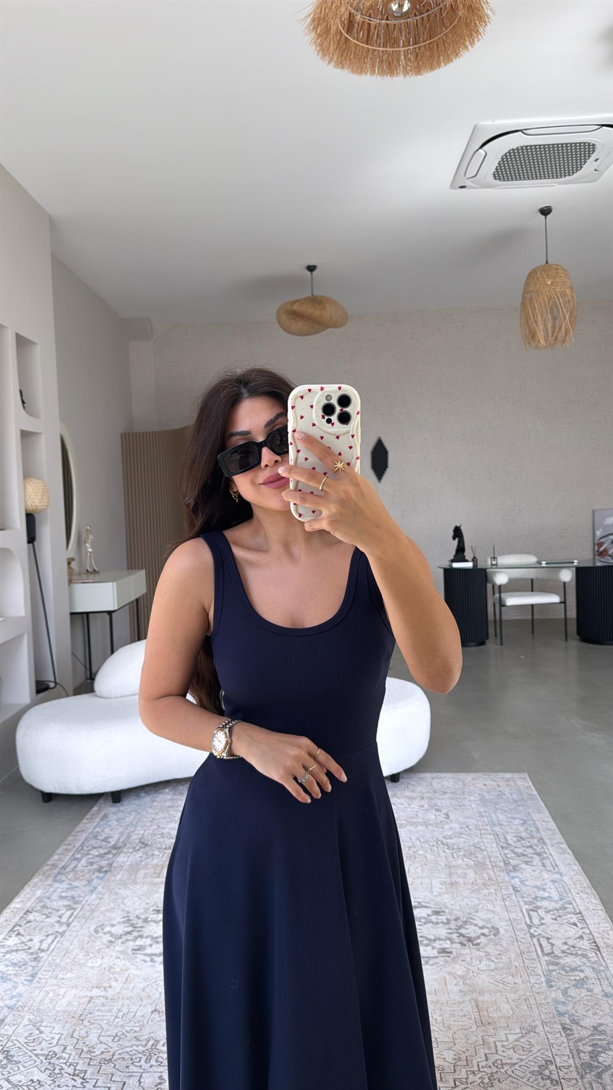 Lacivert Askılı Kaşkorse Elbise
