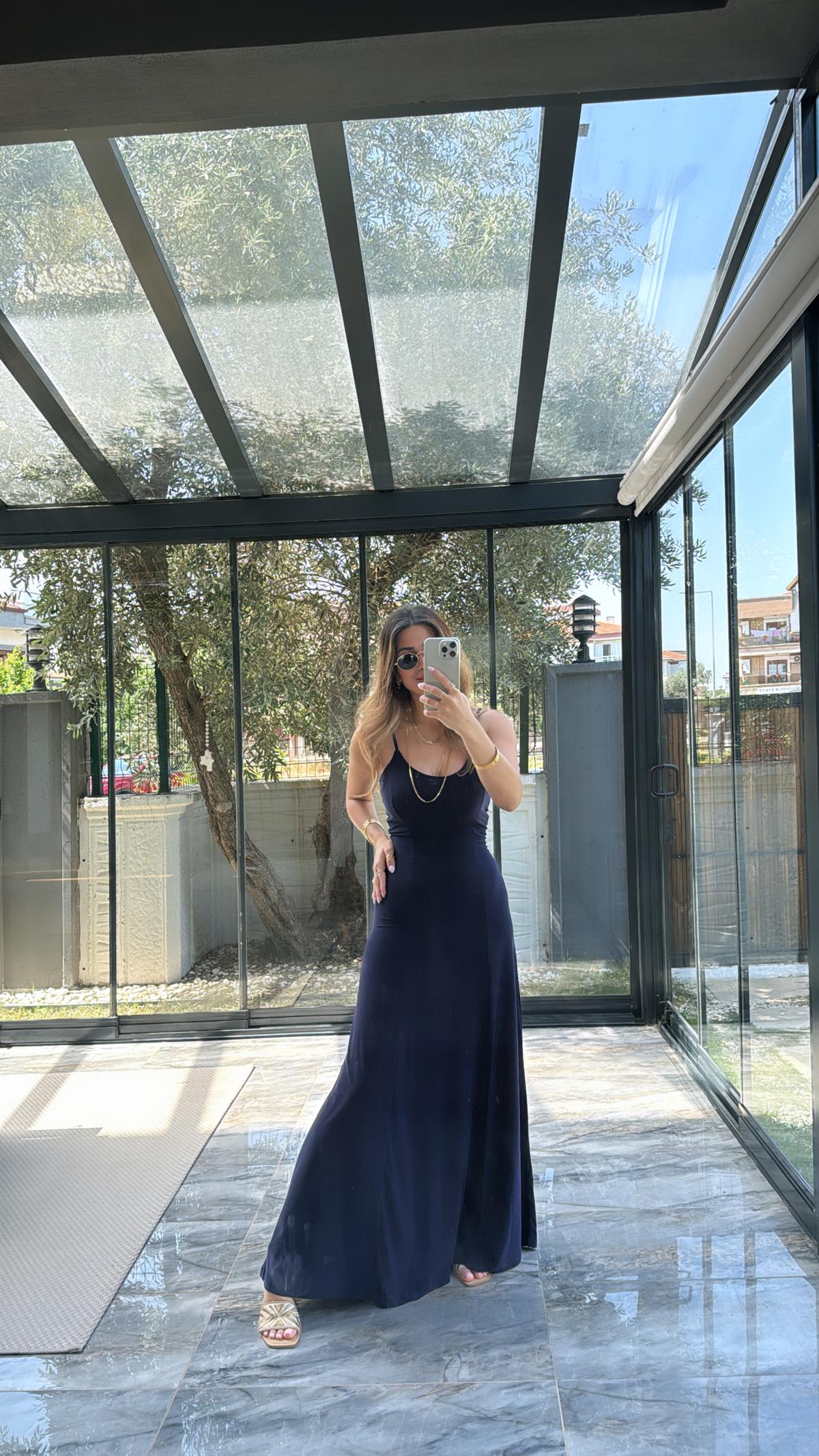 Lacivert Askılı Sandy Elbise