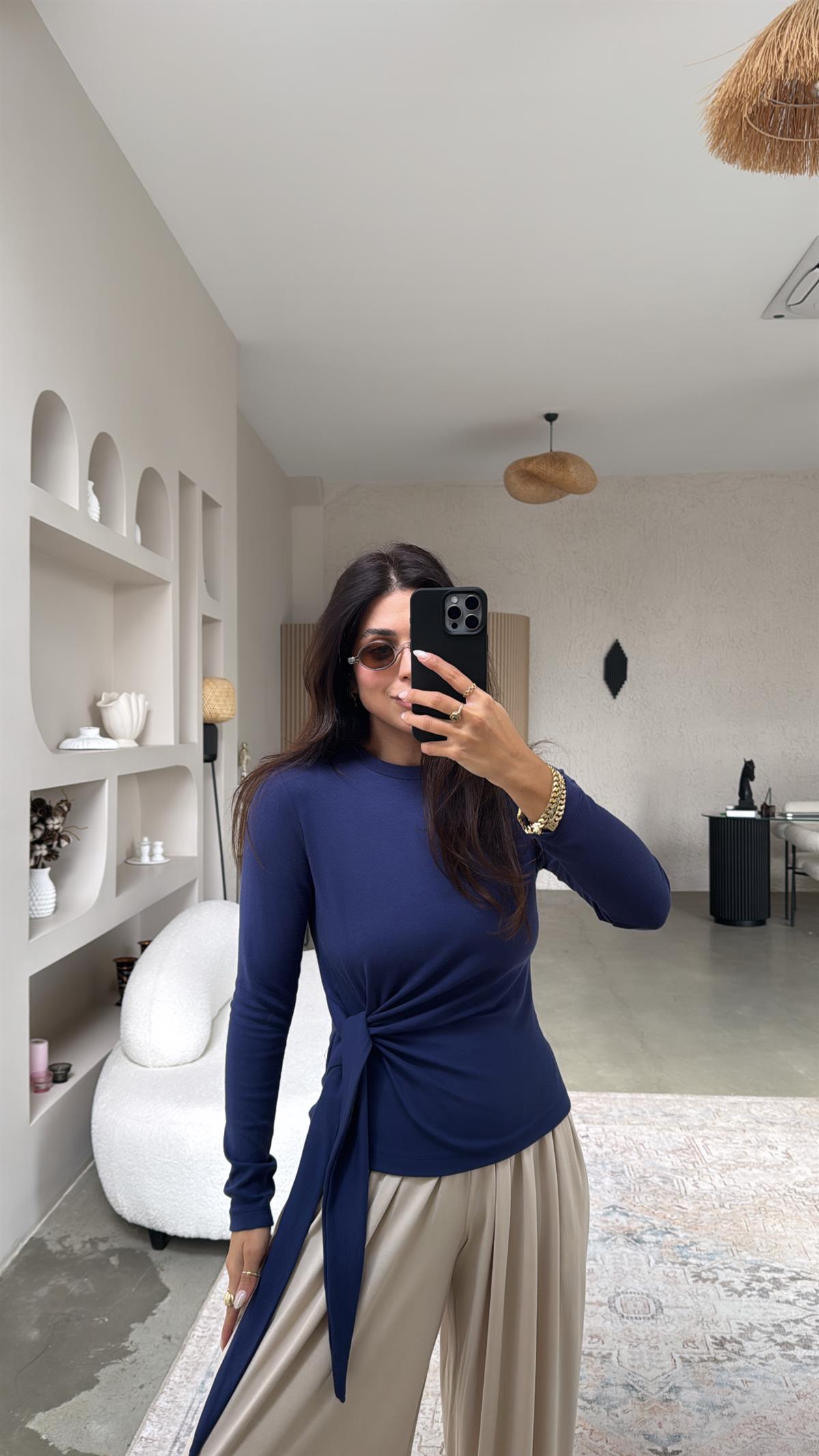 Lacivert Bağlamalı İthal Kumaş Bluz