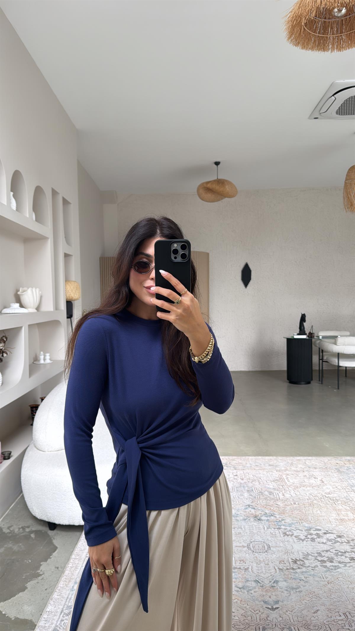 Lacivert Bağlamalı İthal Kumaş Bluz
