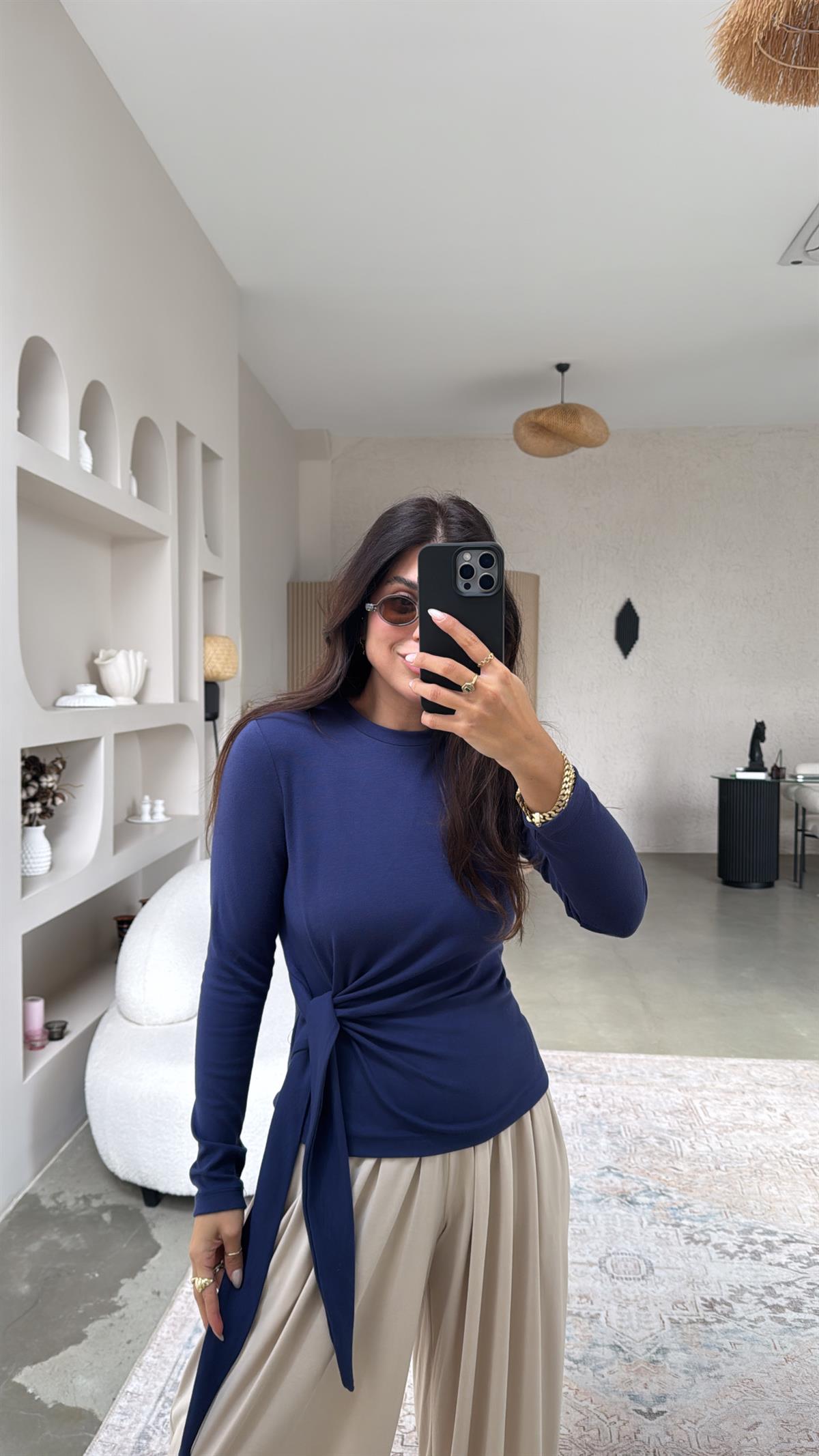 Lacivert Bağlamalı İthal Kumaş Bluz