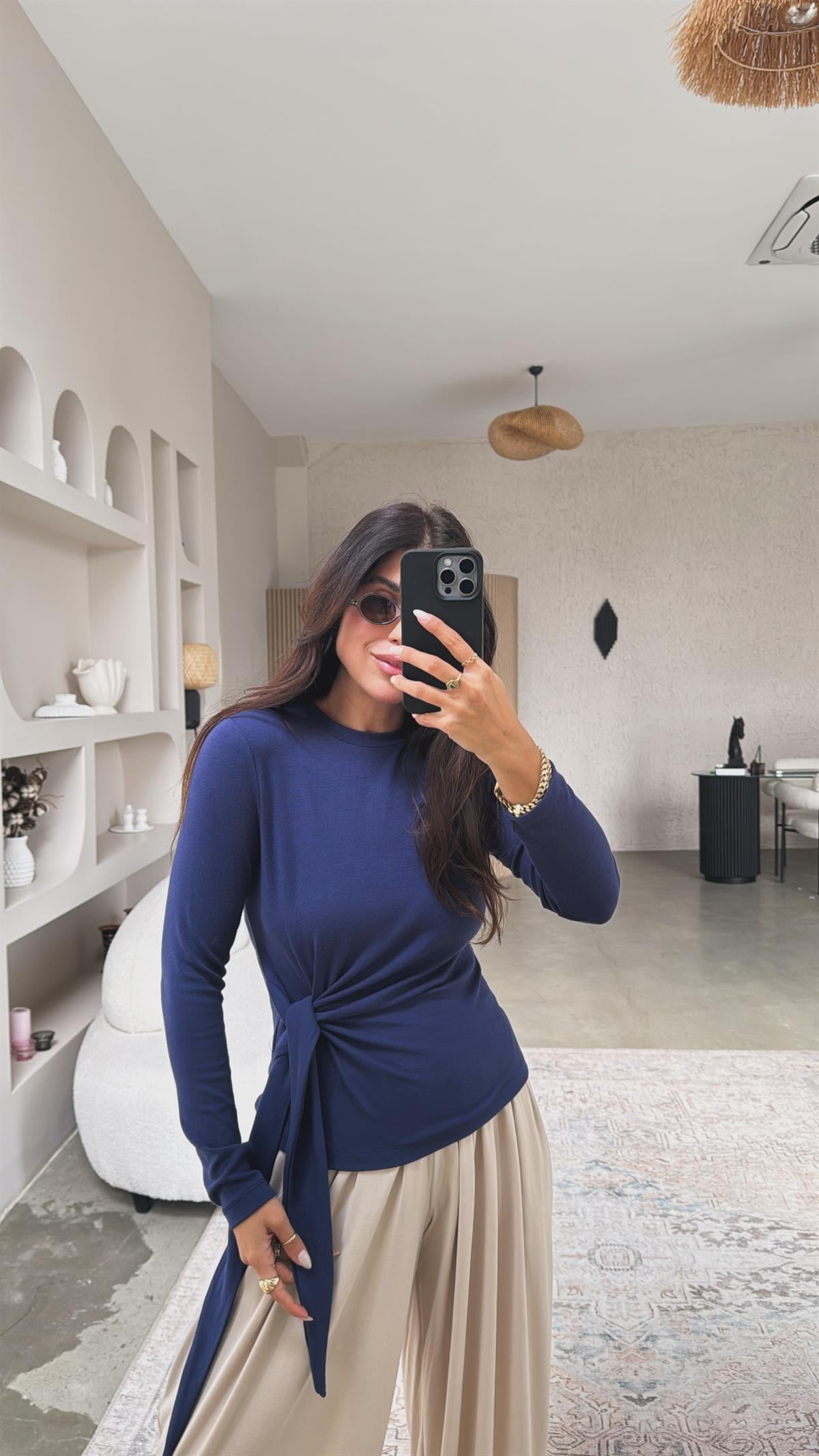 Lacivert Bağlamalı İthal Kumaş Bluz