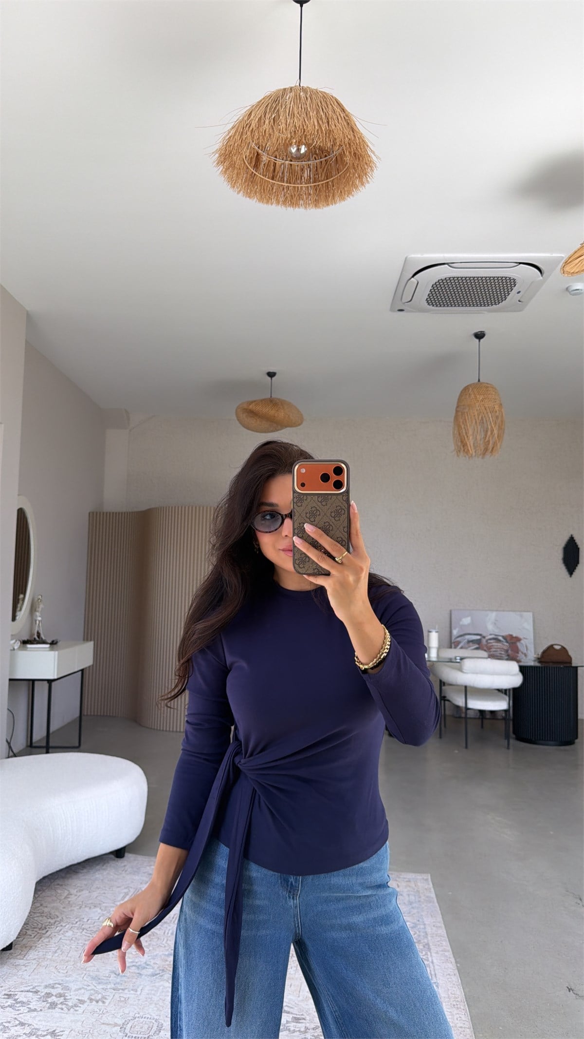 Lacivert Bağlamalı İthal Kumaş Bluz