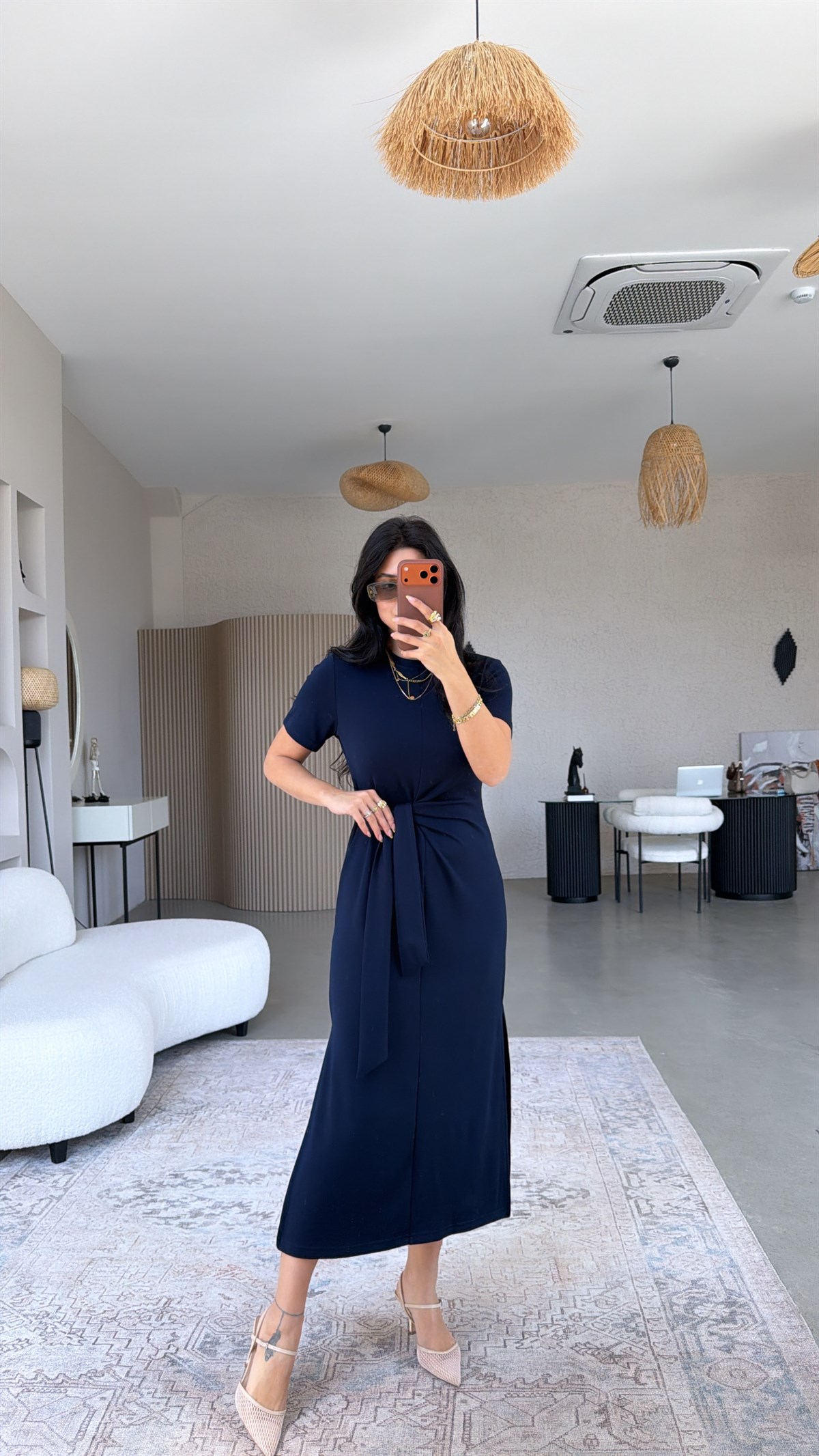 Lacivert Bağlamalı Kısa Kol Modal Elbise