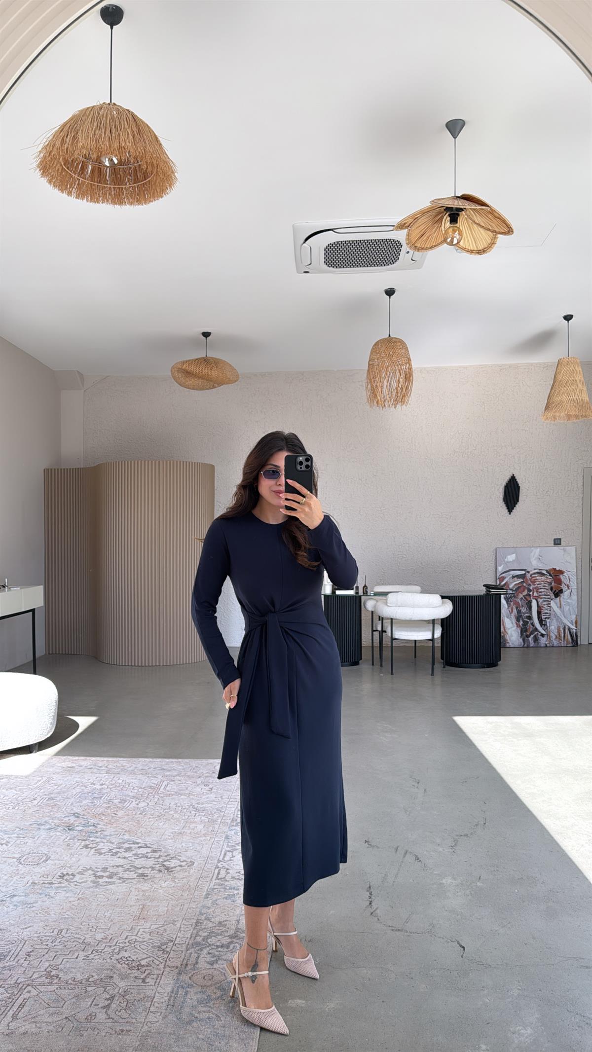 Lacivert Bağlamalı Modal Elbise