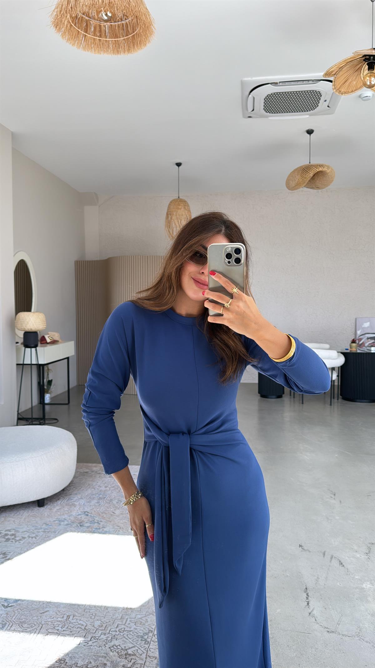 Lacivert Bağlamalı Modal Kumaş Elbise