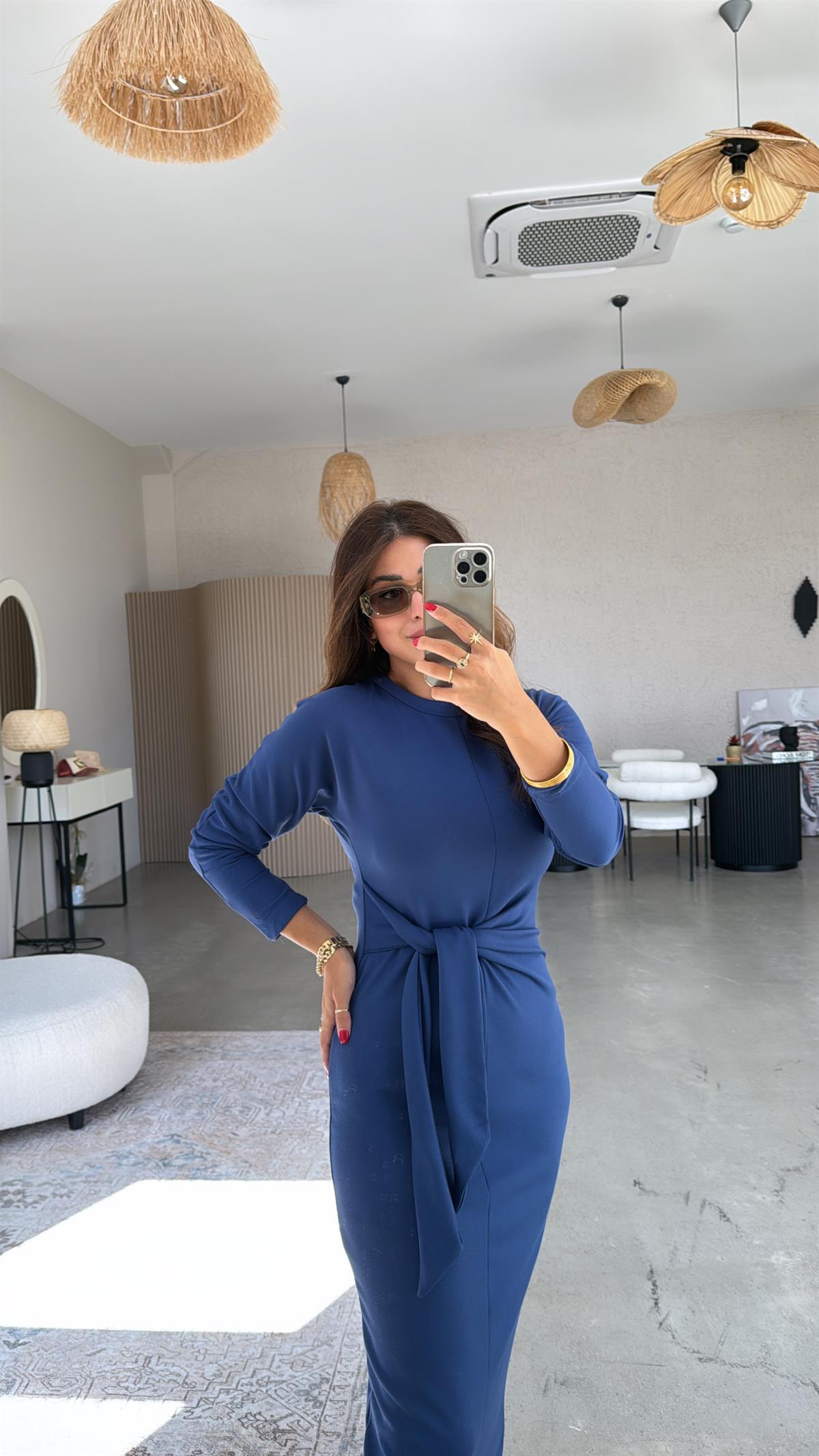 Lacivert Bağlamalı Modal Kumaş Elbise