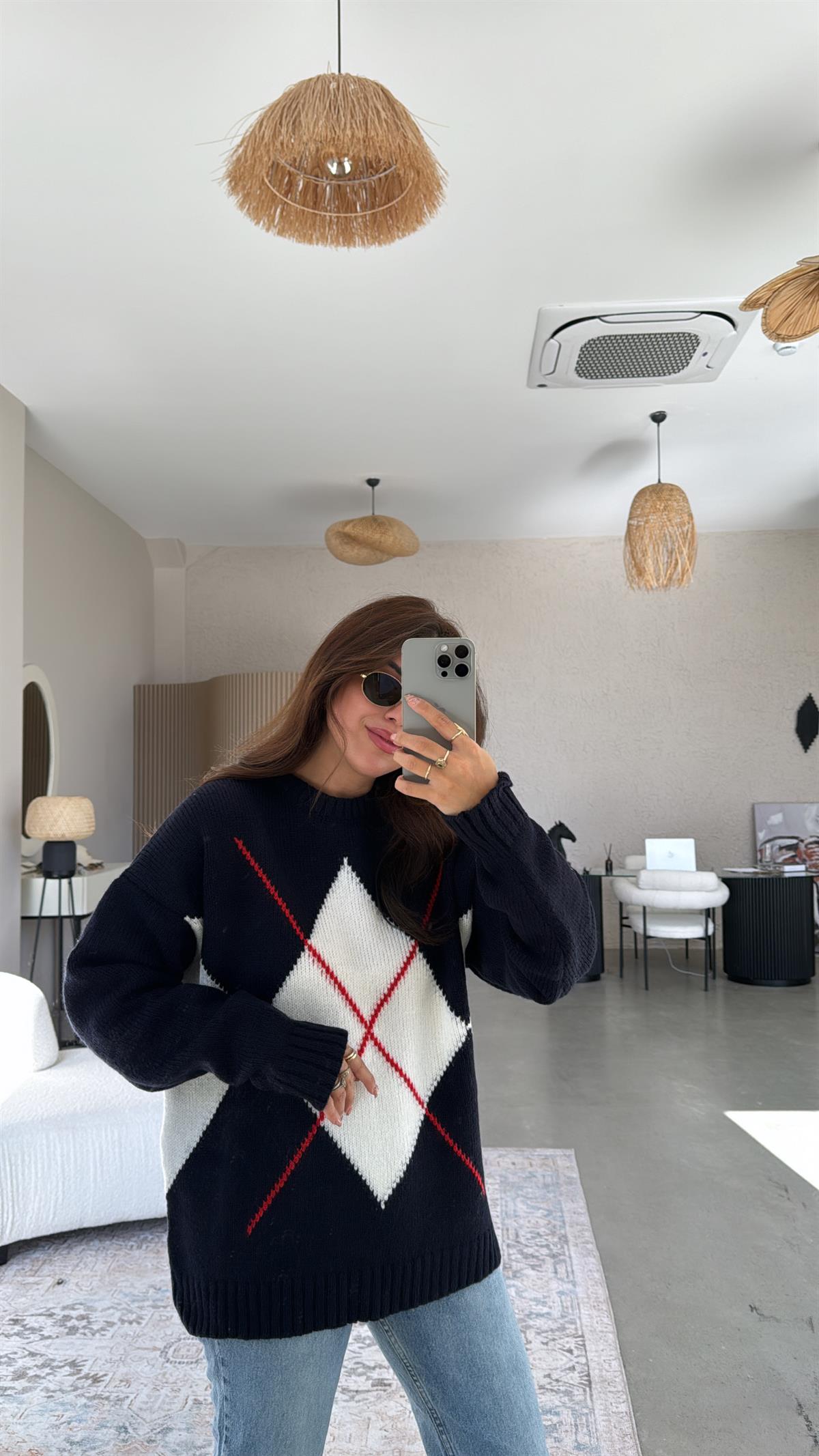 Lacivert Baklava Desenli Mng Kazak