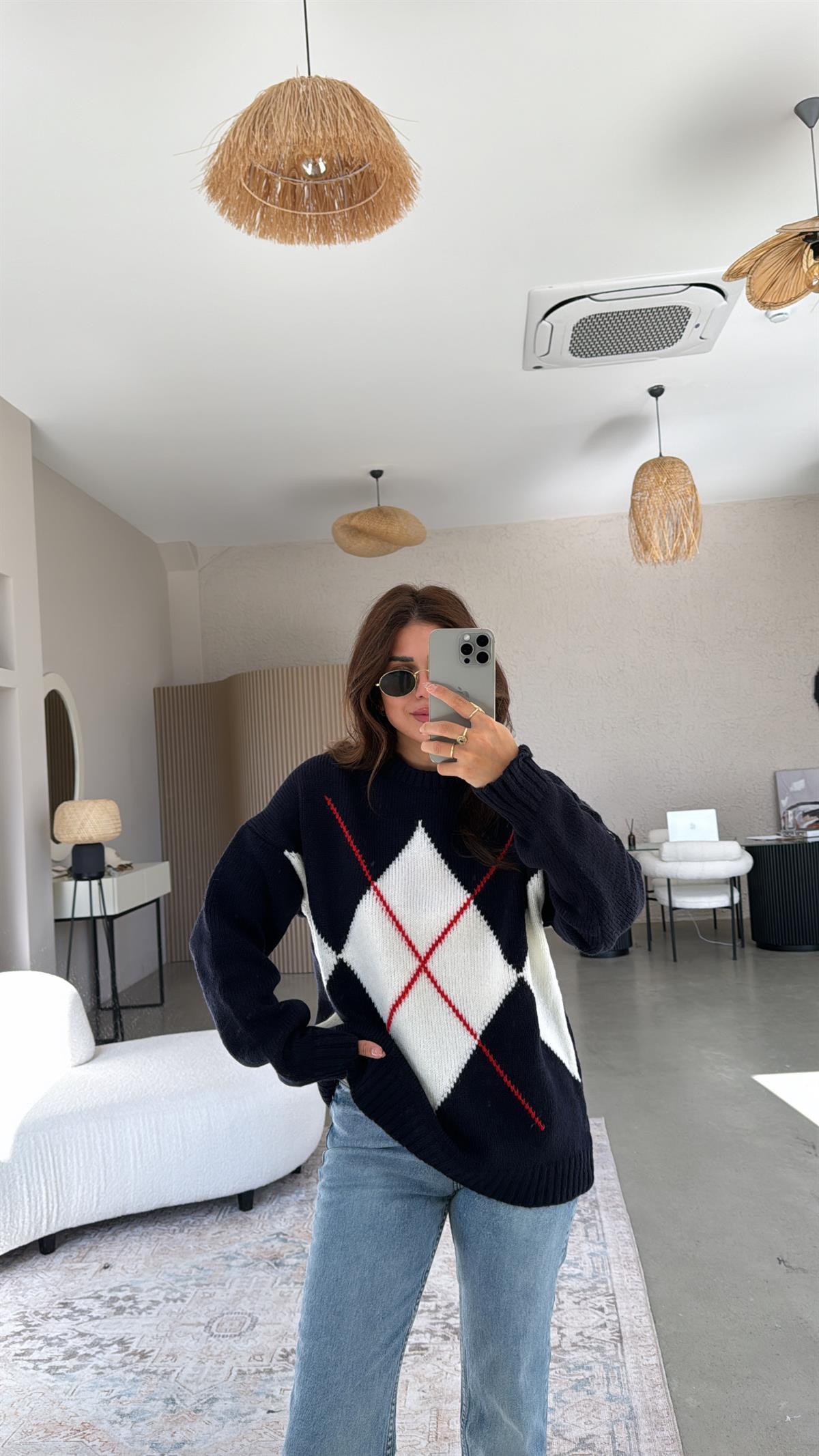 Lacivert Baklava Desenli Mng Kazak