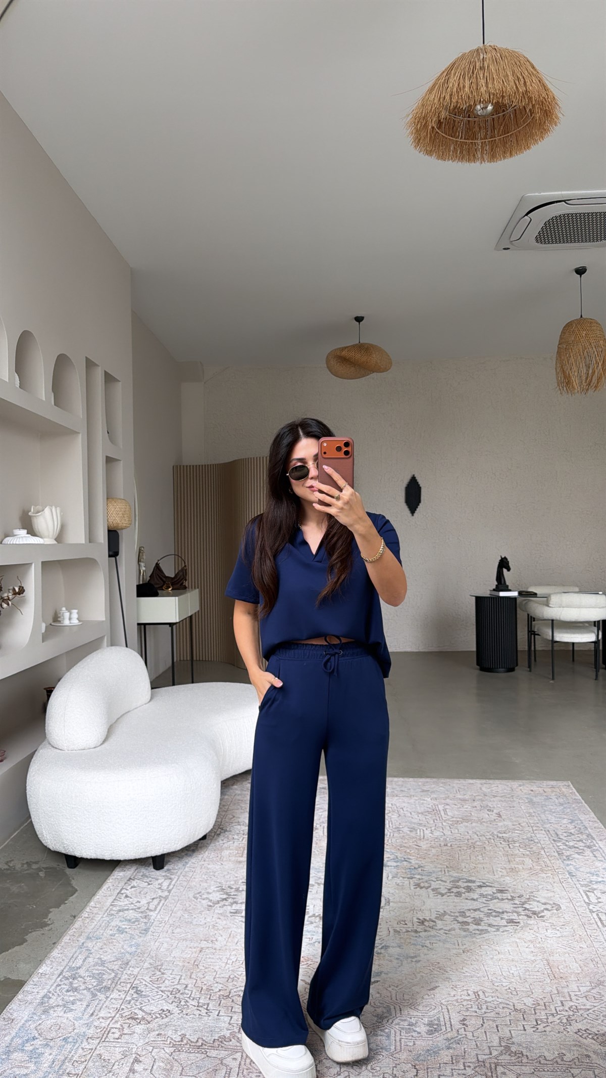 Lacivert Basic Modal Kumaş Yakalı Bol Paça Takım