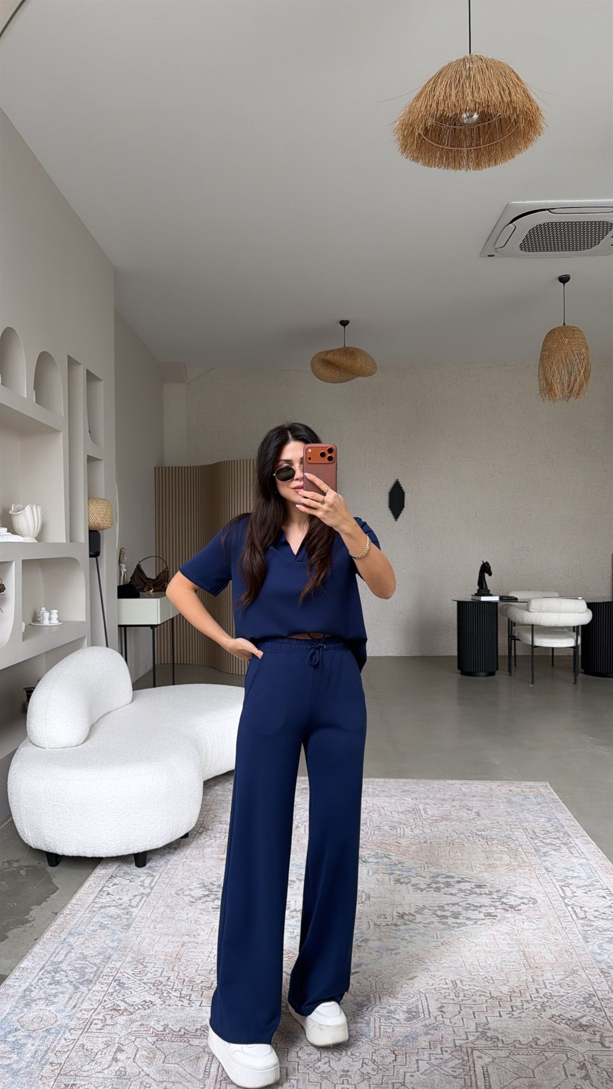 Lacivert Basic Modal Kumaş Yakalı Bol Paça Takım