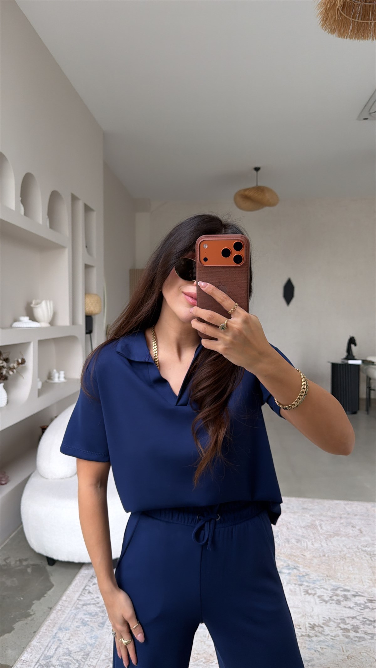 Lacivert Basic Modal Kumaş Yakalı Bol Paça Takım