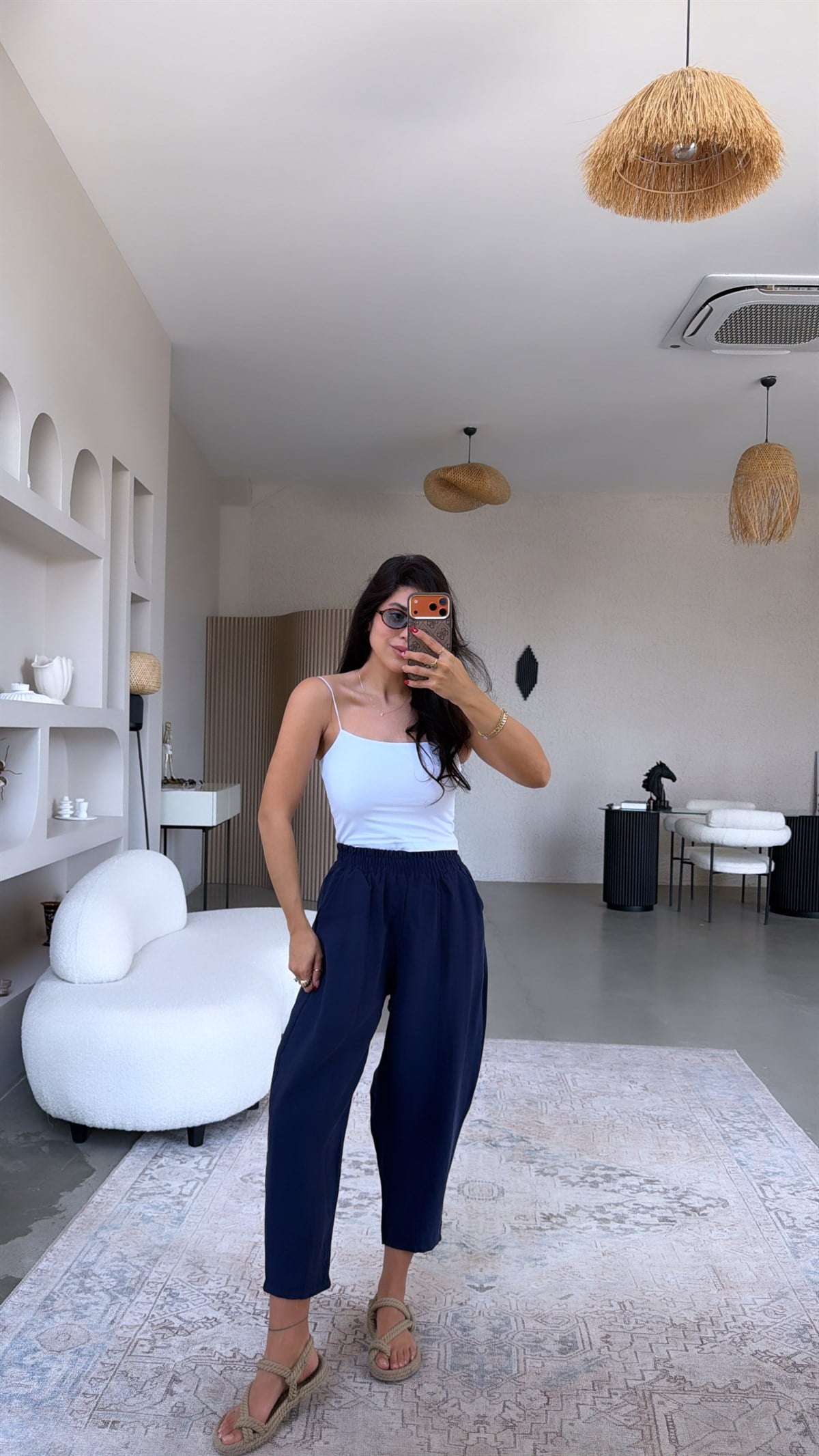 Lacivert Beli Lastikli Baggy Yıkamalı Tensel Kumaş Premium Pantolon