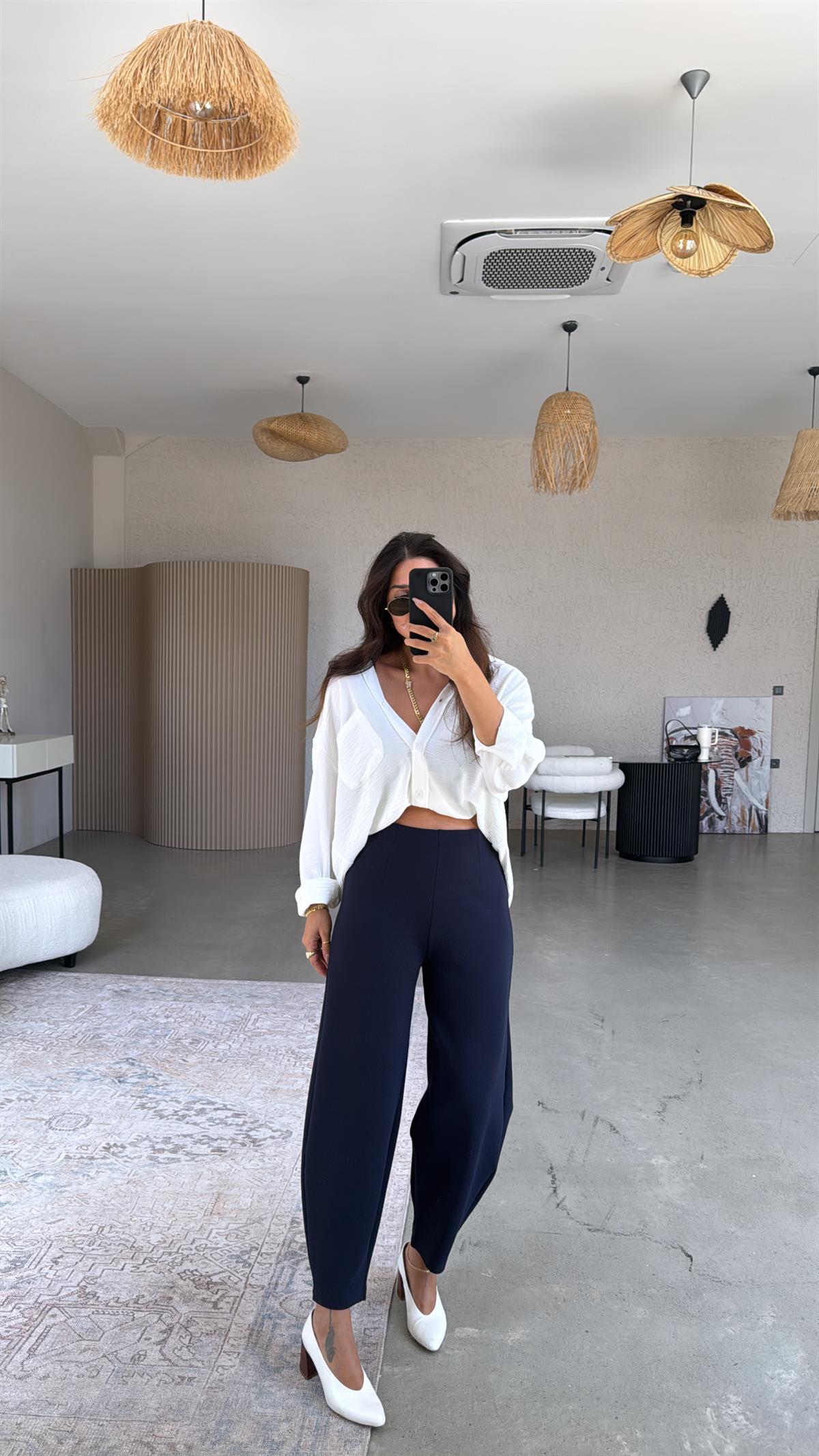 Lacivert Beli Lastikli Balon Kumaş Pantolon