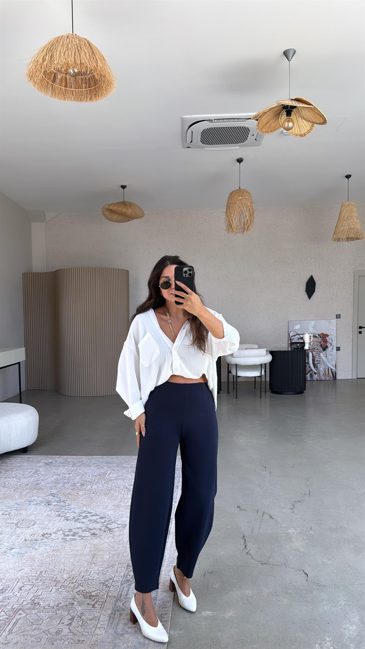 Lacivert Beli Lastikli Balon Kumaş Pantolon