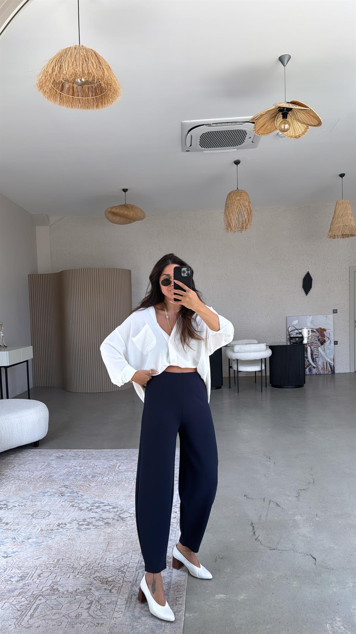 Lacivert Beli Lastikli Balon Kumaş Pantolon