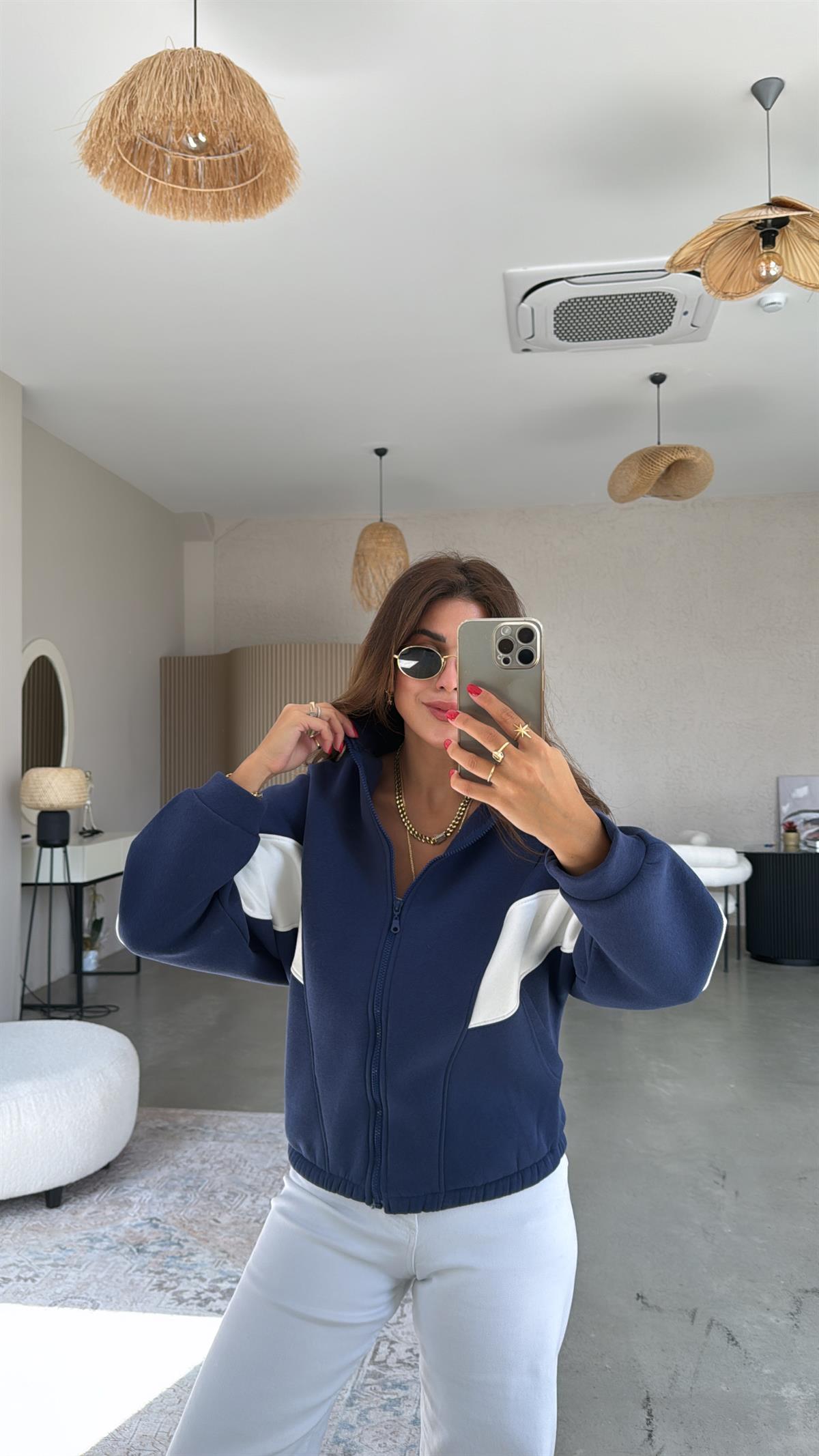 Lacivert Beyaz Şeritli Hoodie