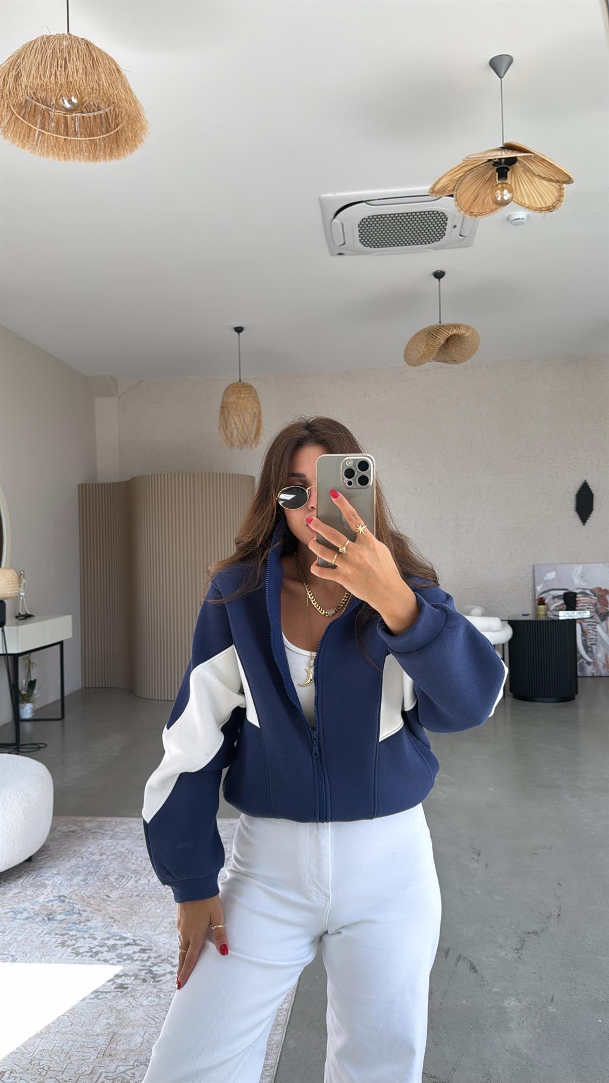 Lacivert Beyaz Şeritli Hoodie