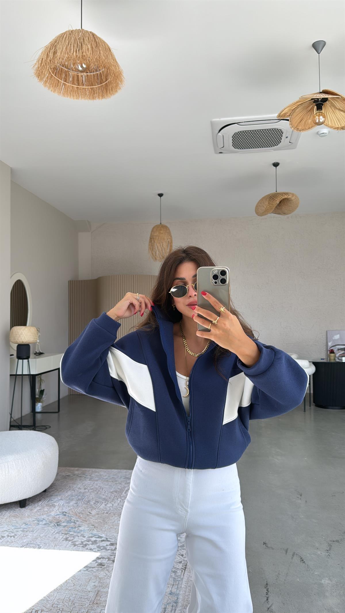 Lacivert Beyaz Şeritli Hoodie