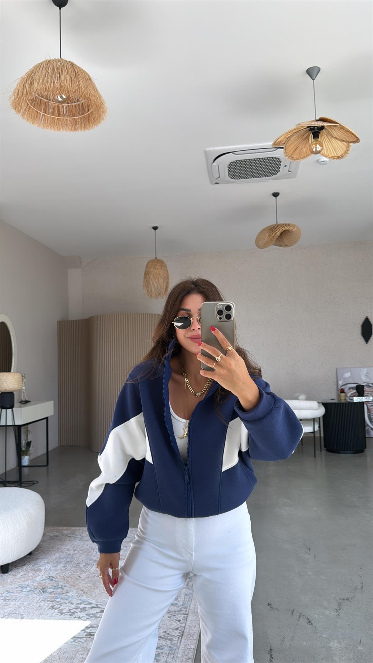 Lacivert Beyaz Şeritli Hoodie