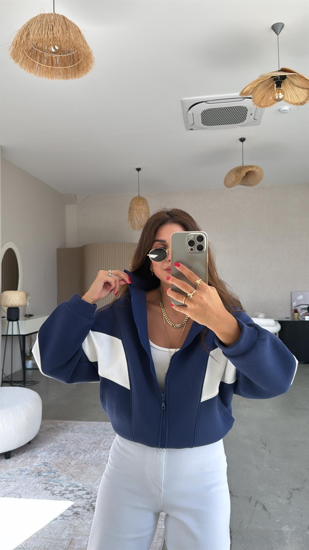 Lacivert Beyaz Şeritli Hoodie