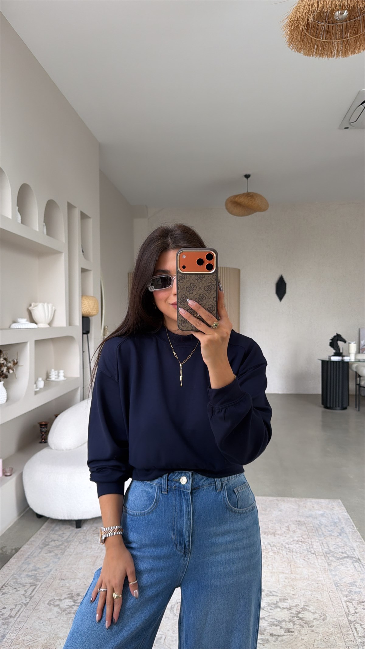 Lacivert Bisiklet Yaka Crop Modal Basic Sweatshirt
