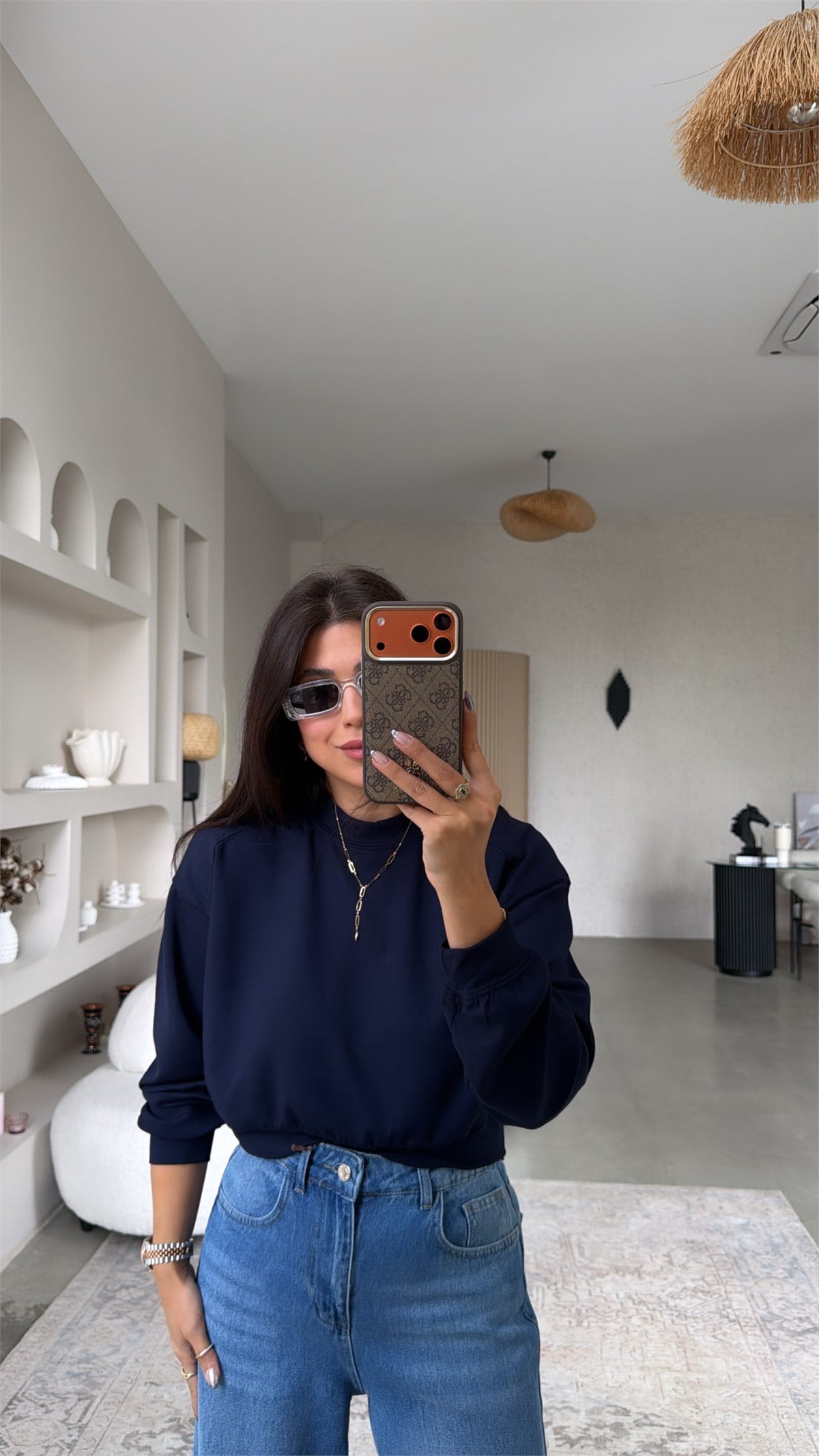 Lacivert Bisiklet Yaka Crop Modal Basic Sweatshirt