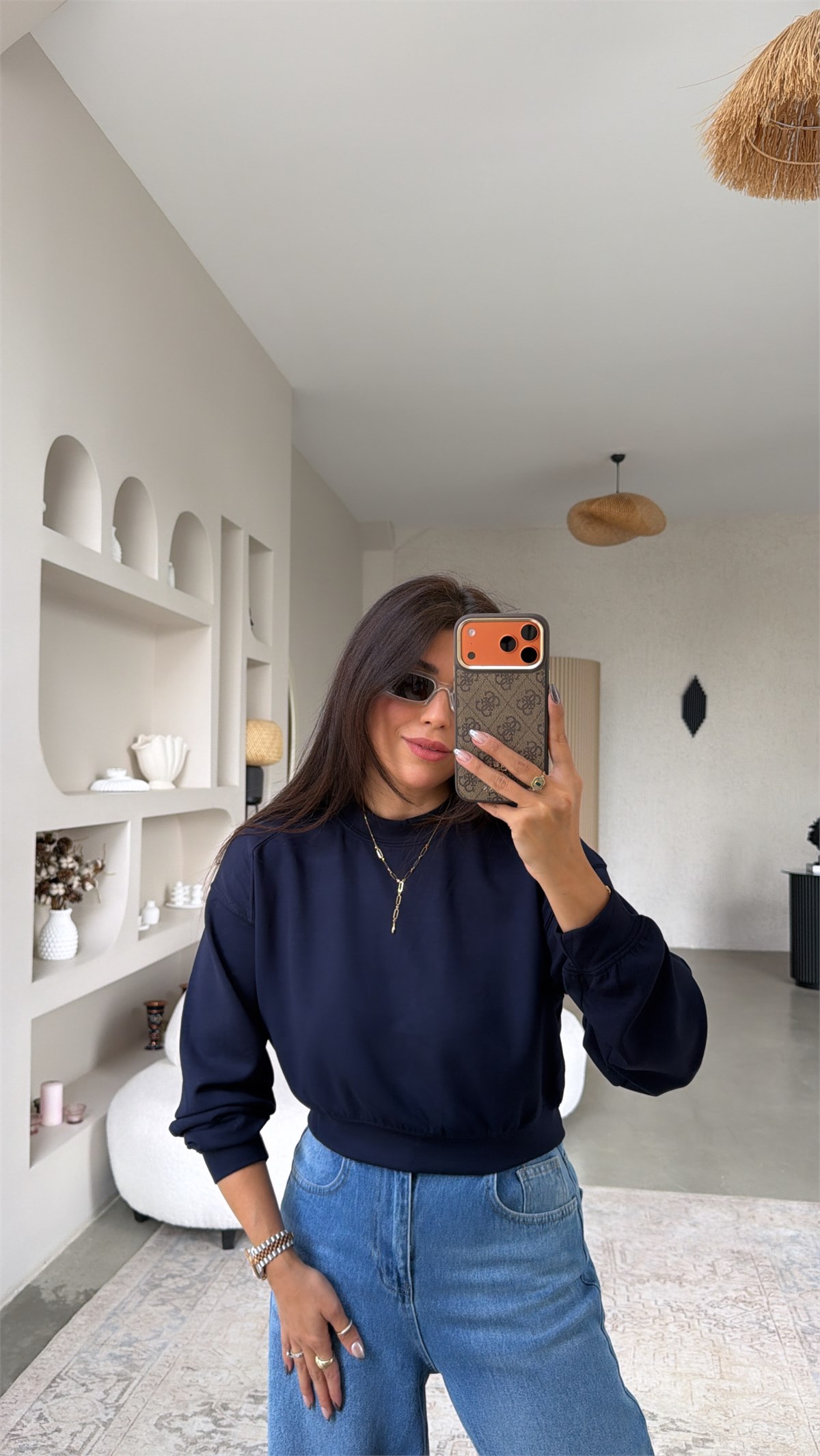Lacivert Bisiklet Yaka Crop Modal Basic Sweatshirt