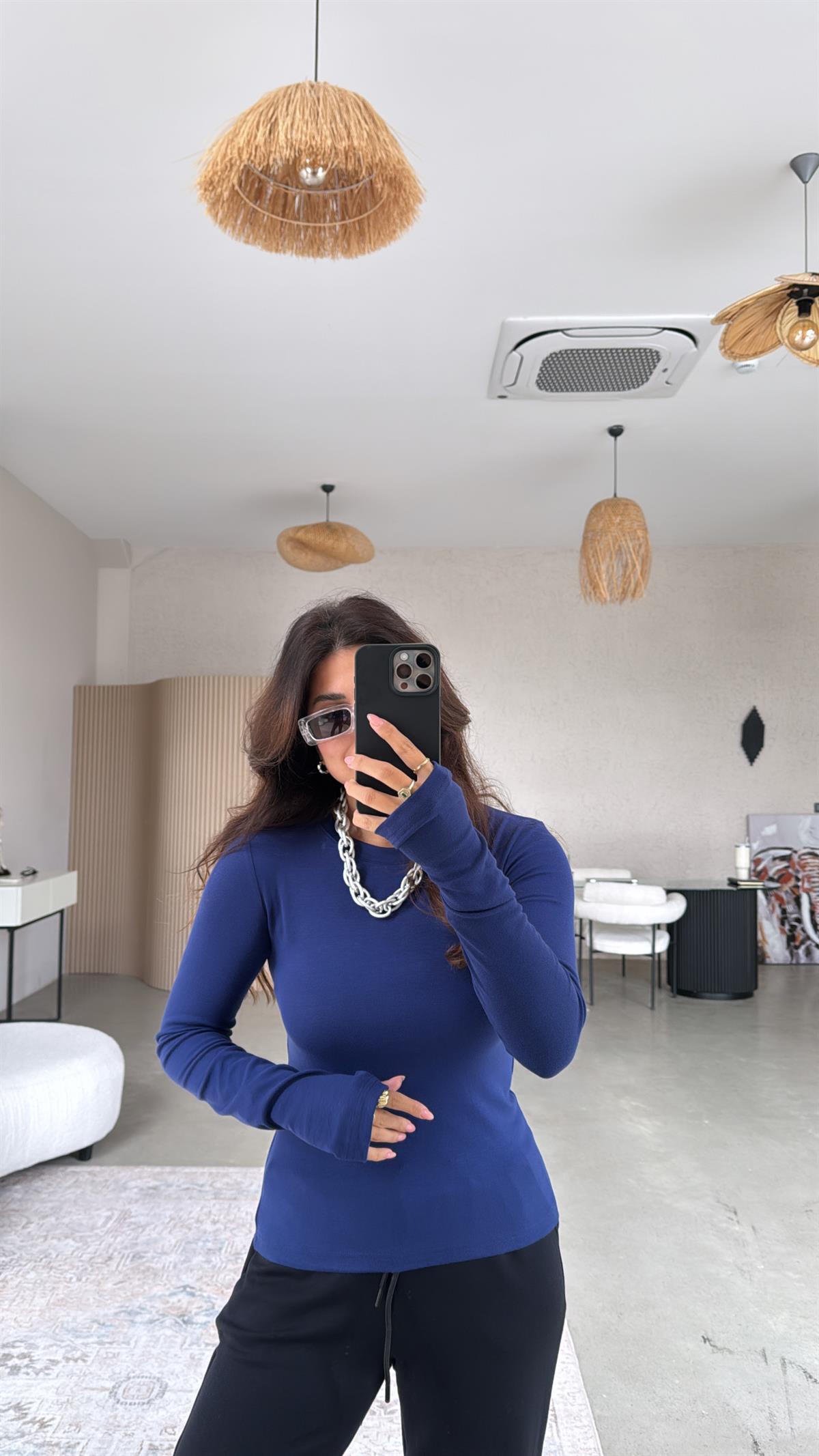 Lacivert Bisiklet Yaka Parmak Geçme Bluz