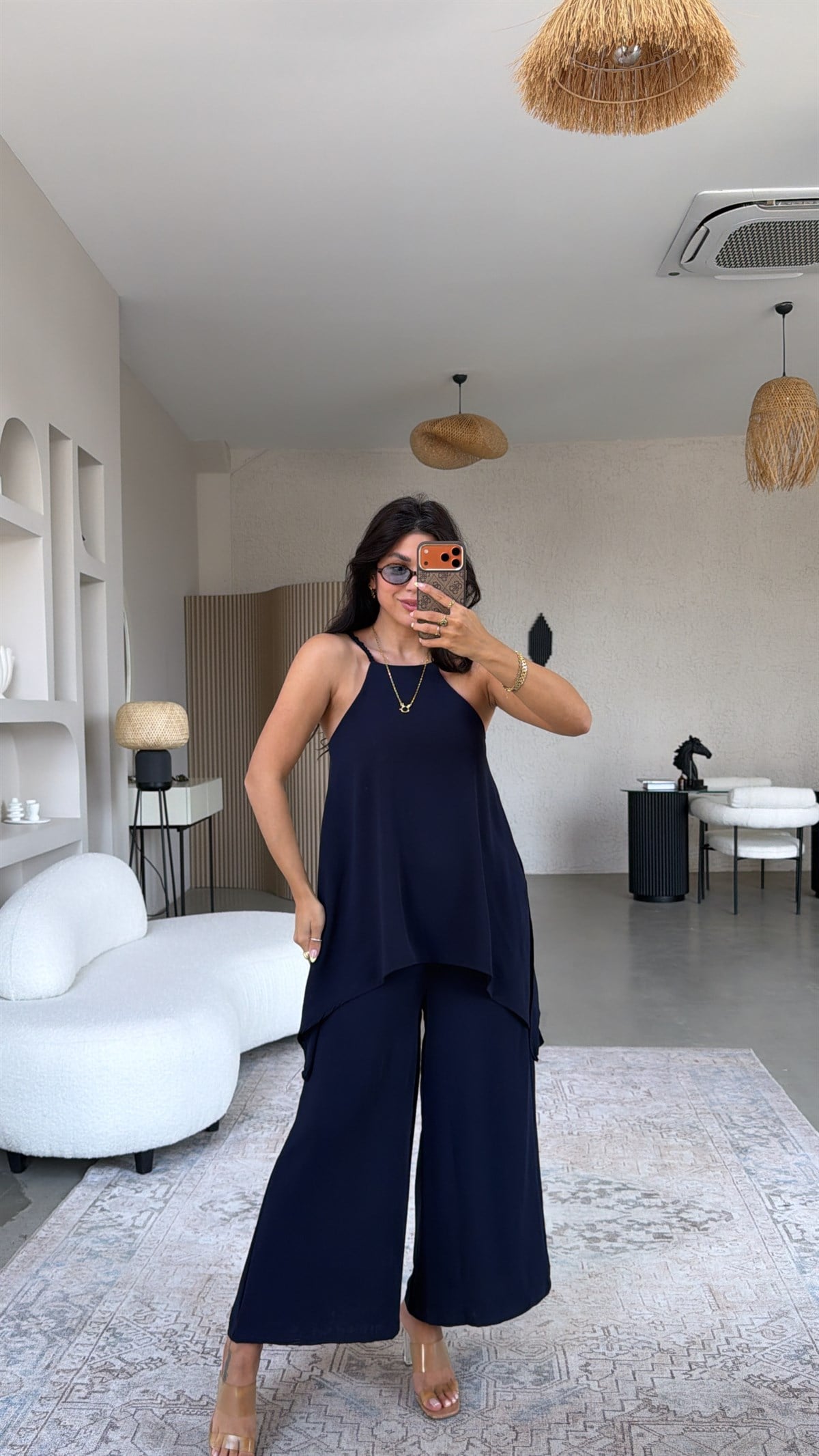 Lacivert Bluz Pantolon Görünümlü Tiril Tulum