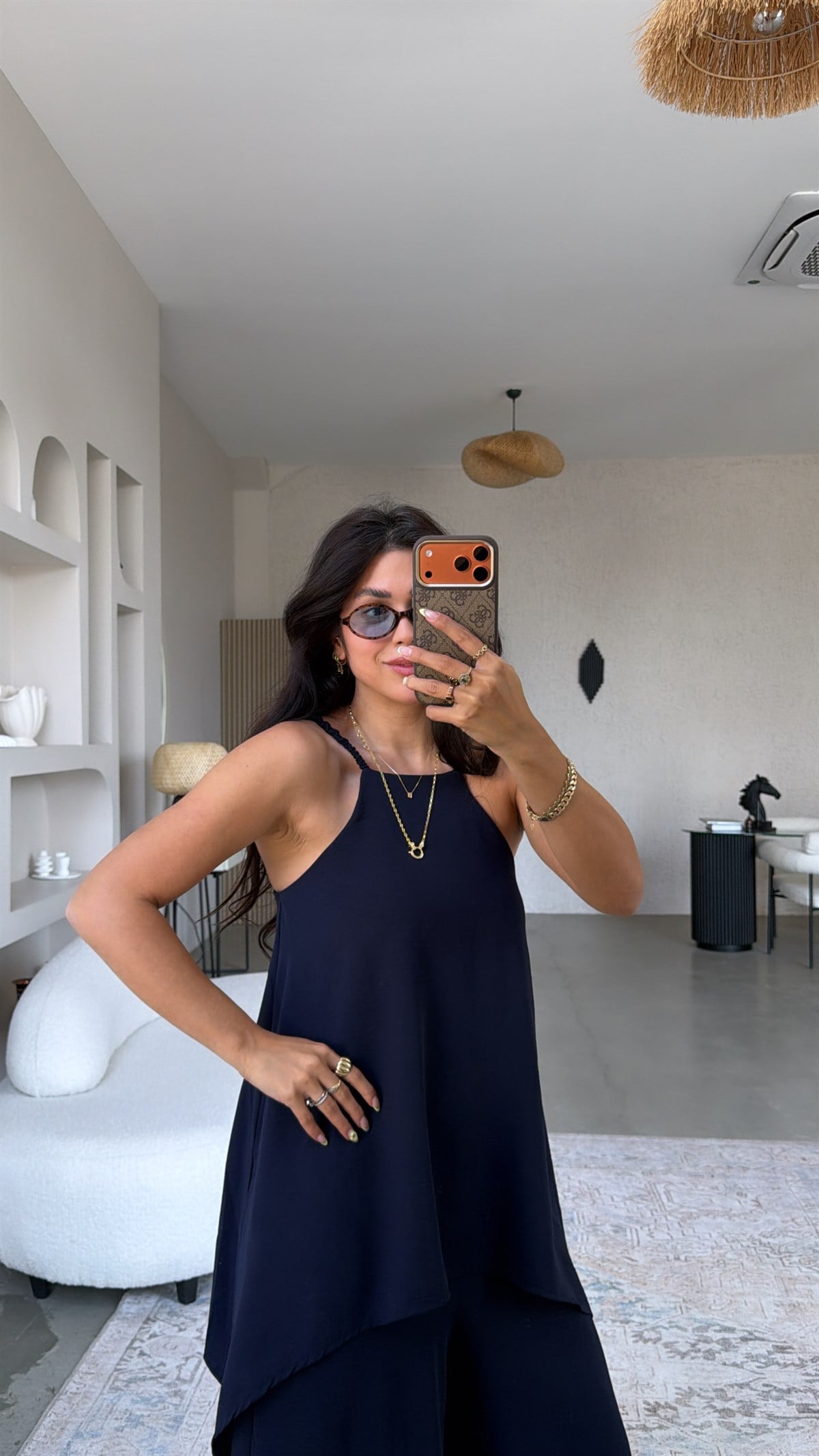 Lacivert Bluz Pantolon Görünümlü Tiril Tulum