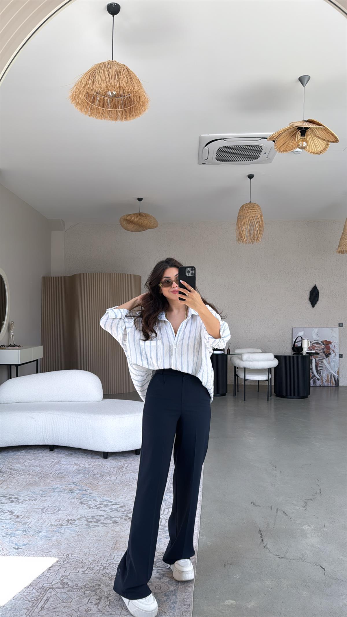 Lacivert Bol Paça Çift Pileli Pantolon