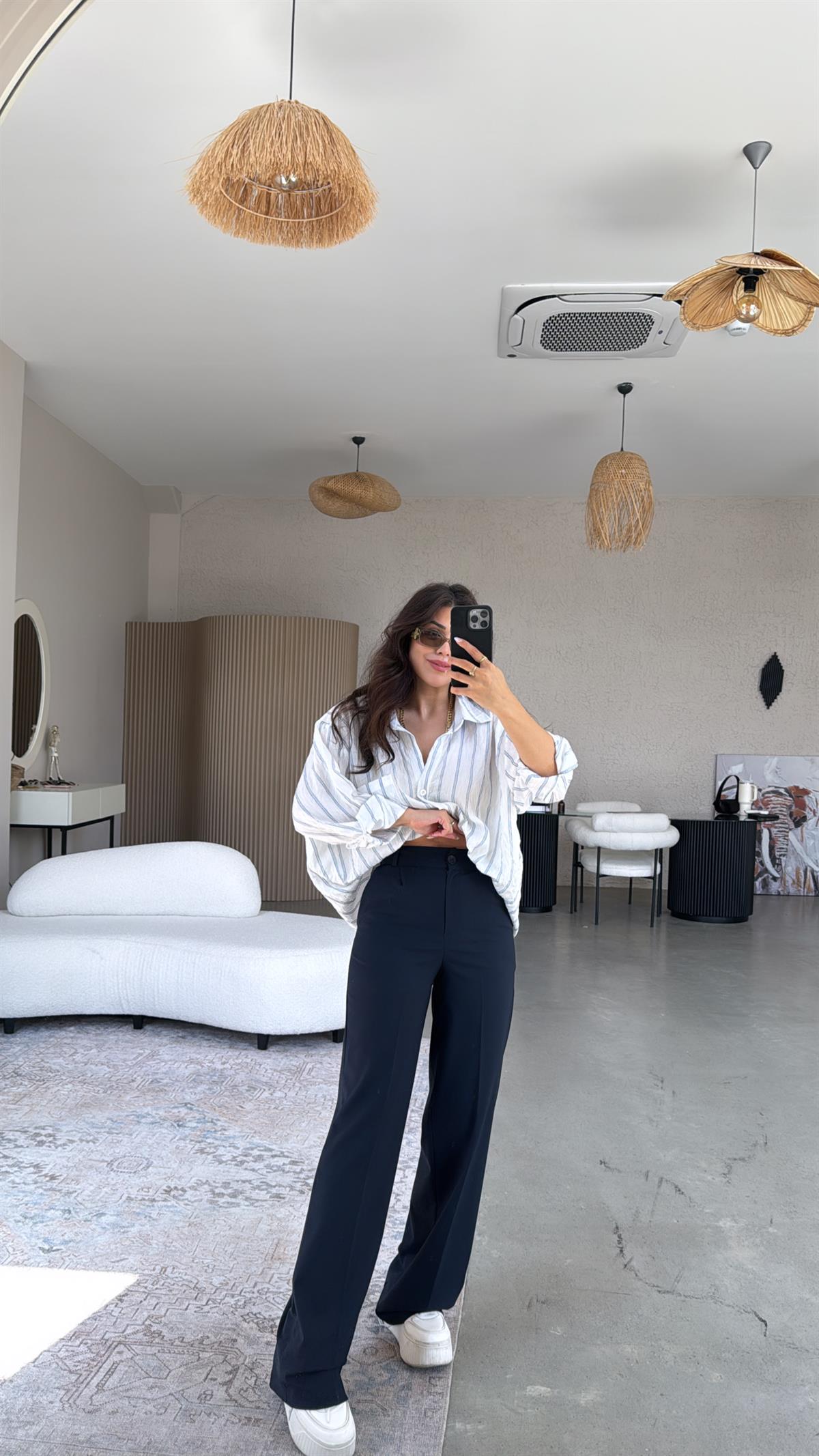 Lacivert Bol Paça Çift Pileli Pantolon