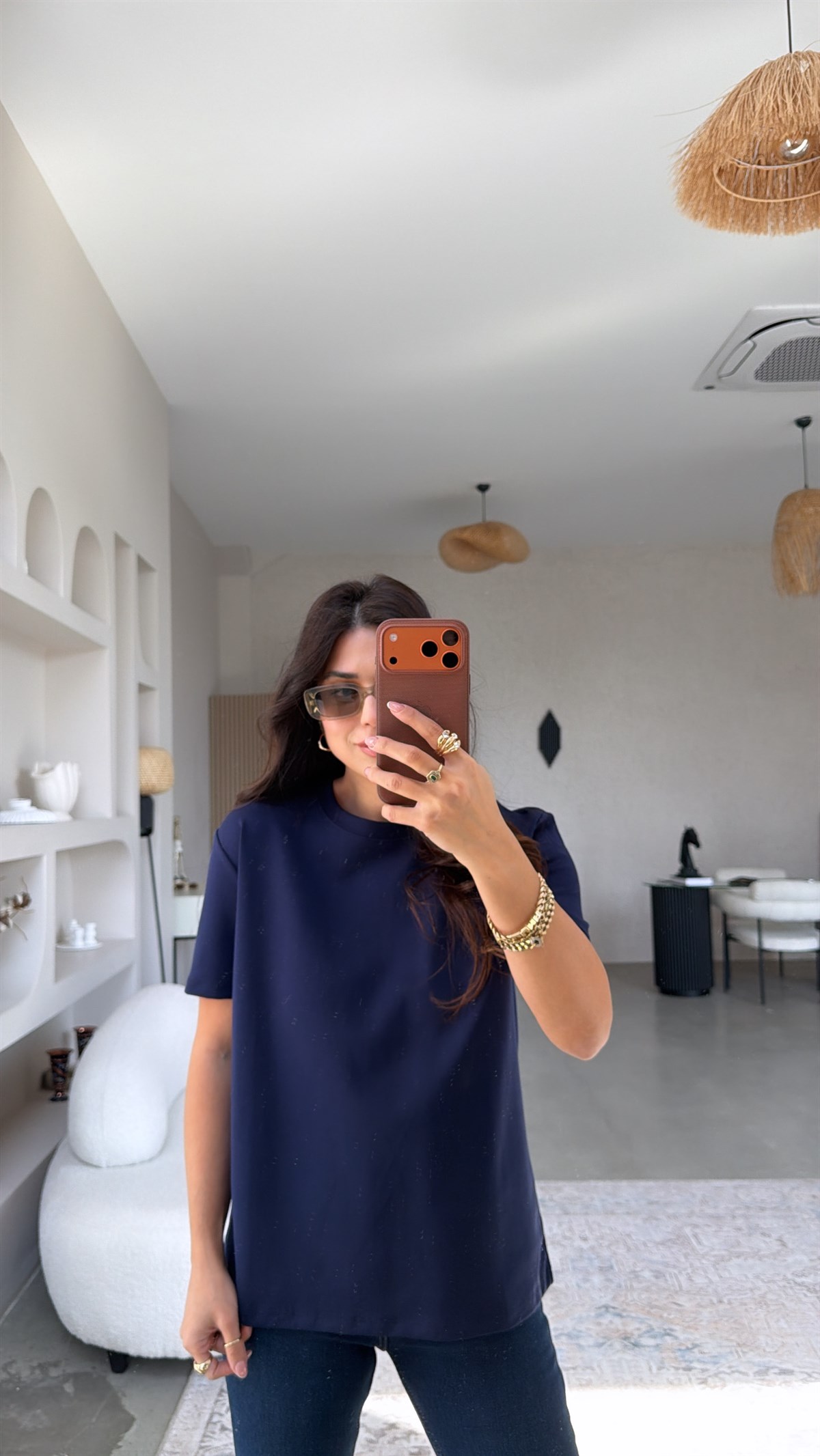 Lacivert BT Yüzde Yüz Tok Pamuk Doku Bisiklet Yaka Tshirt