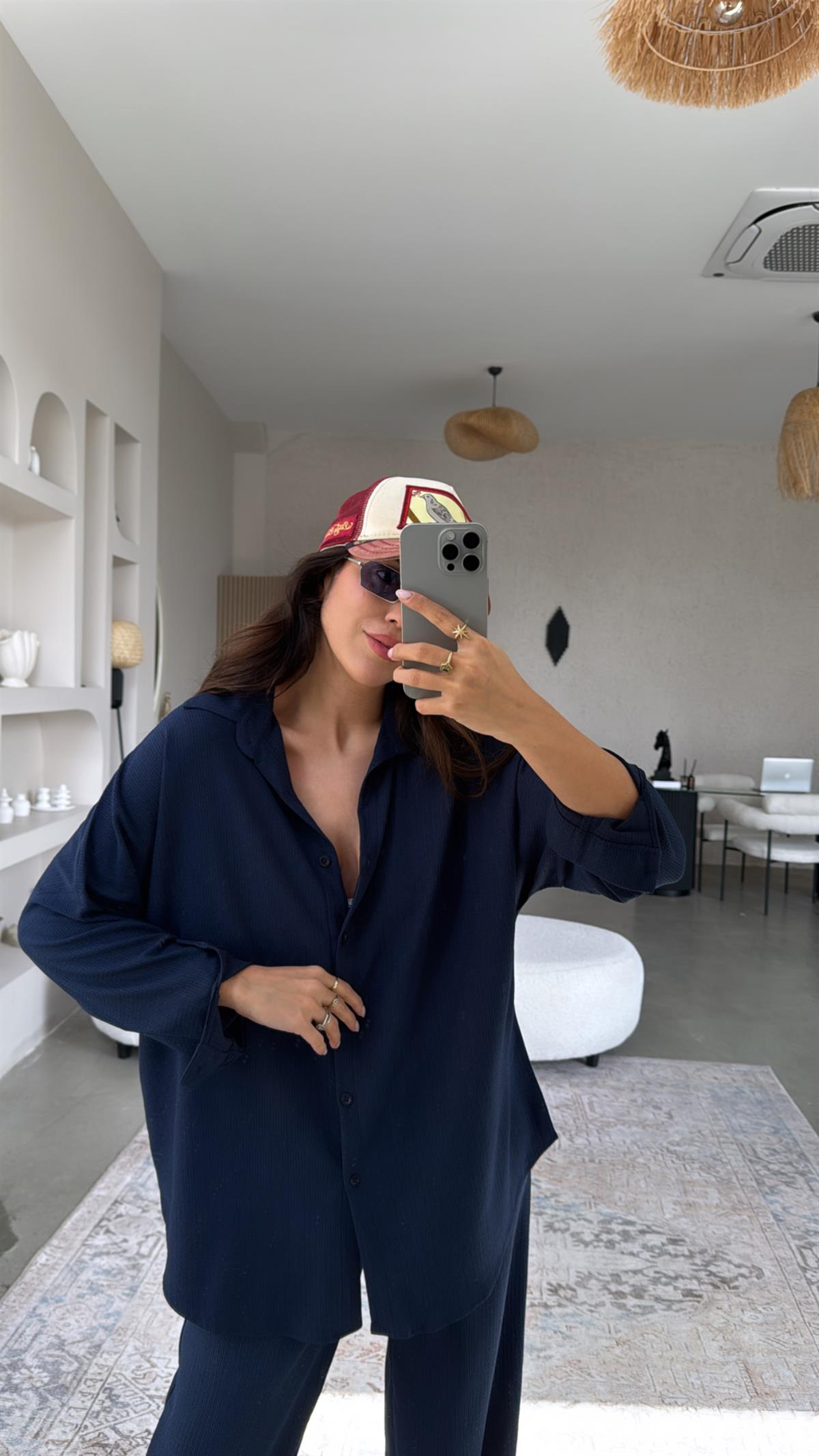 Lacivert Bürümcük Gömlek Pantolon Takım