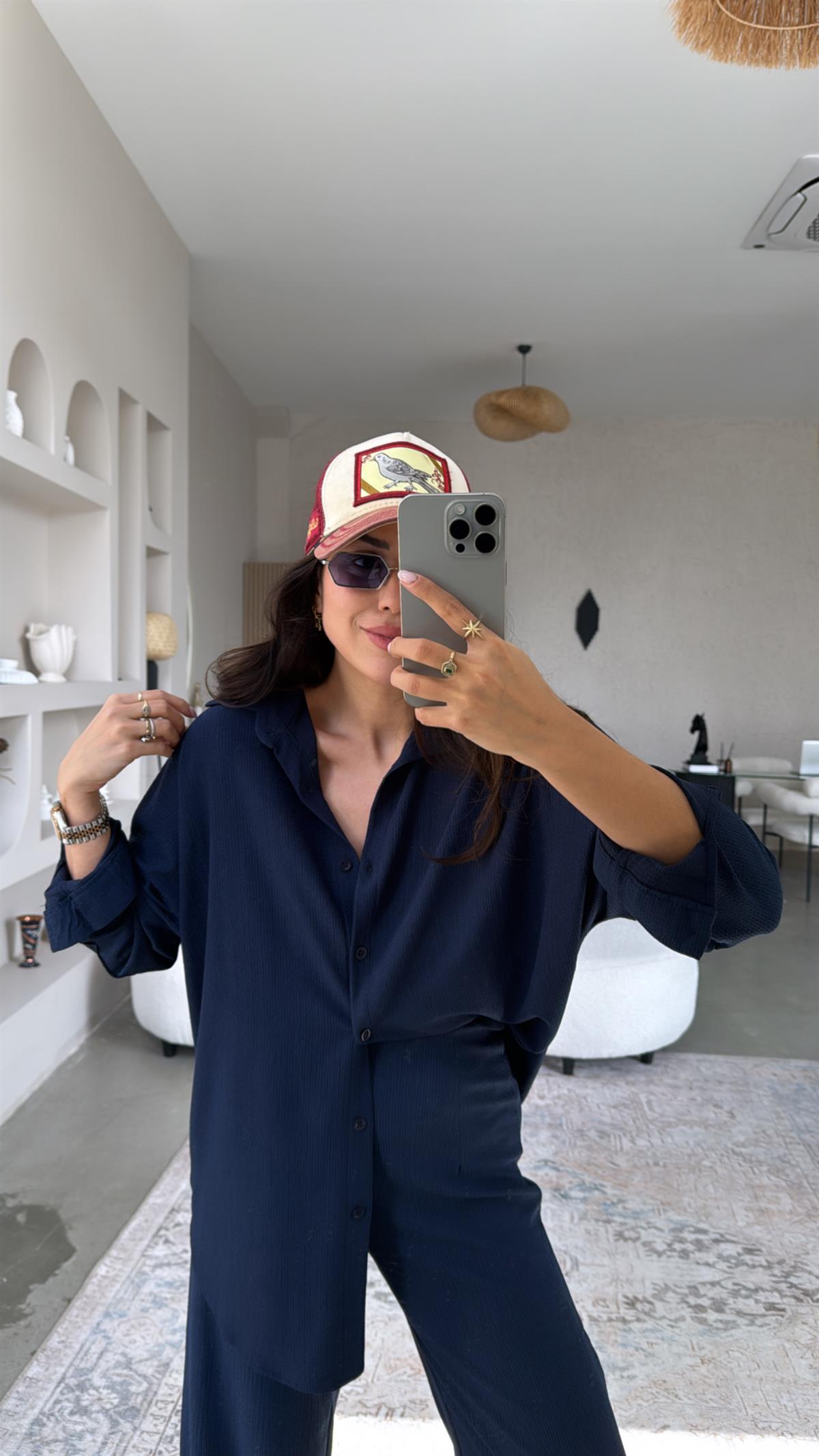 Lacivert Bürümcük Gömlek Pantolon Takım