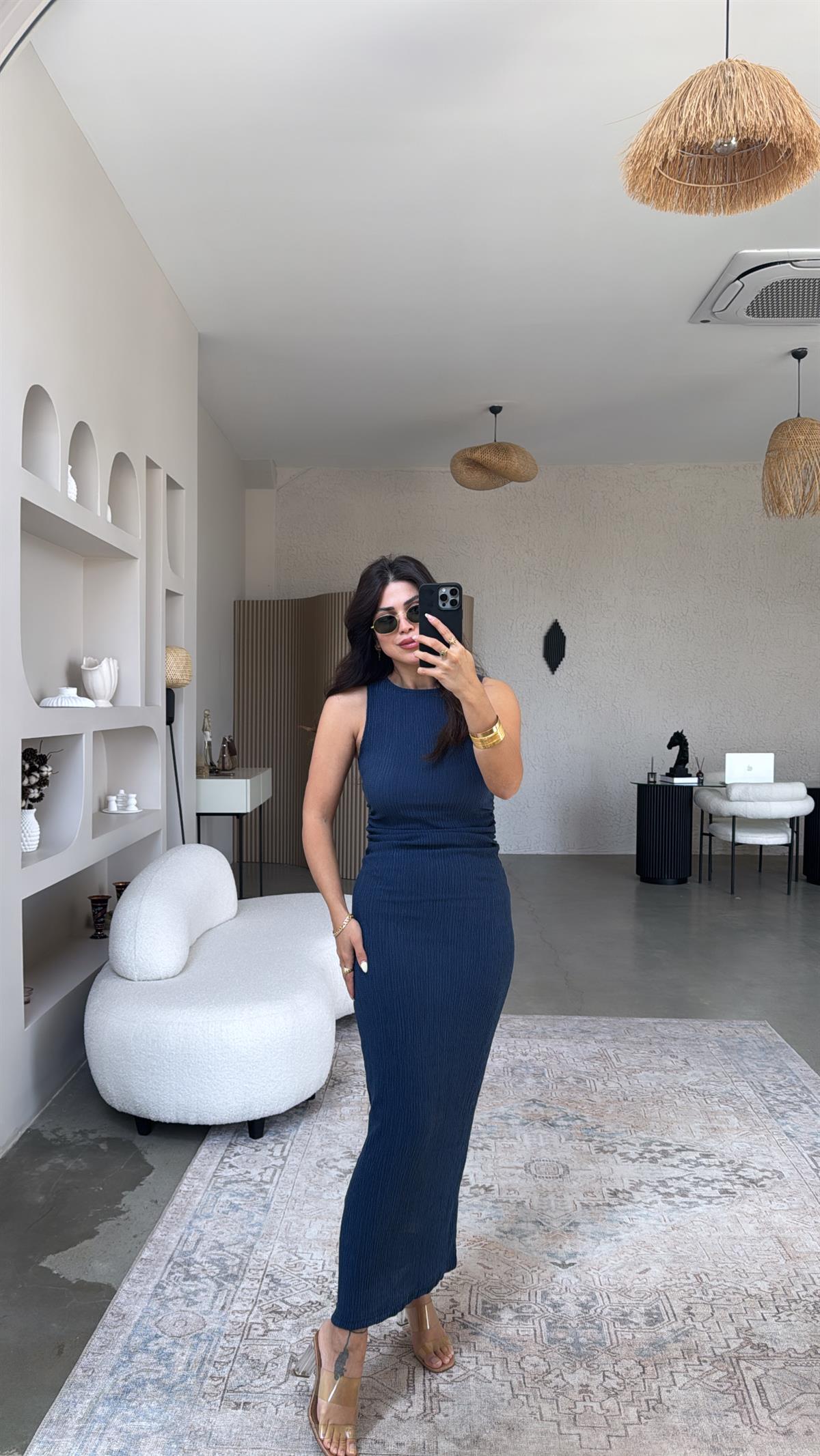 Lacivert Bürümcük ZR Model Büzgü Detay Elbise