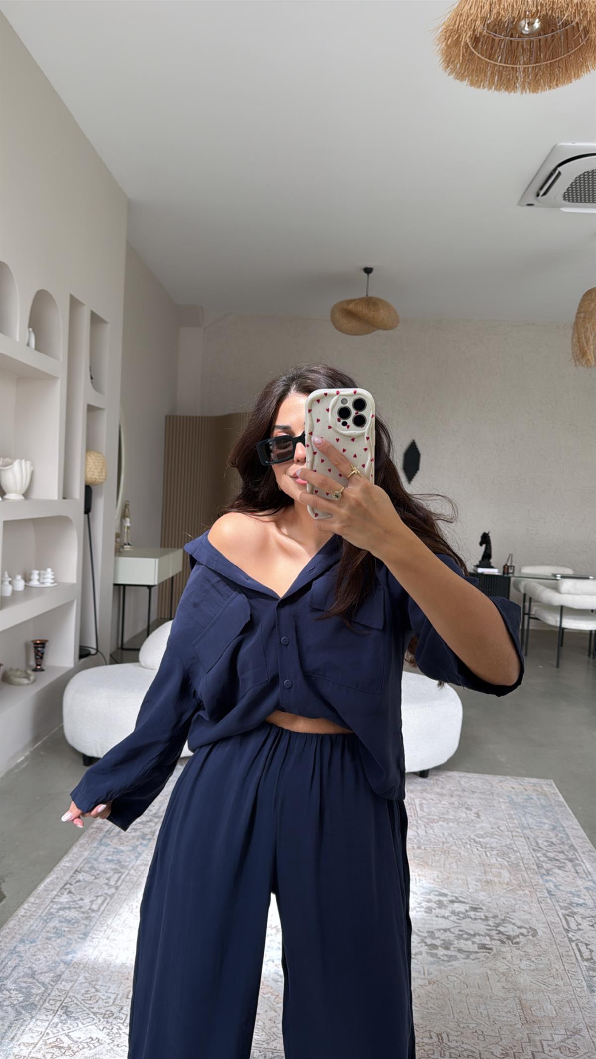 Lacivert Çift Cepli Gömlek Pantolon Takım