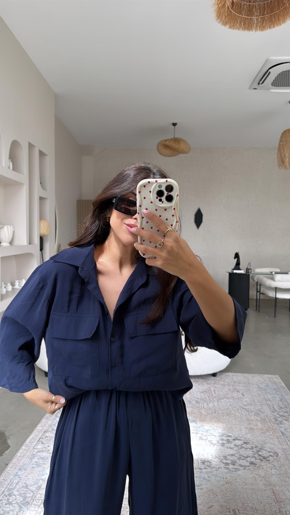 Lacivert Çift Cepli Gömlek Pantolon Takım