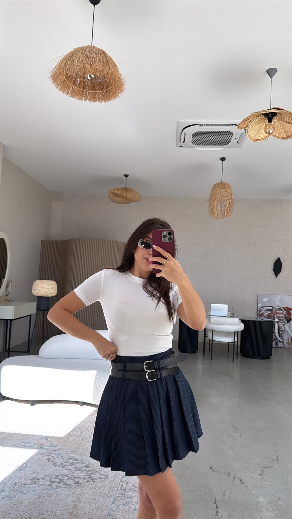Lacivert Çift Kemerli Piliseli Mini Etek
