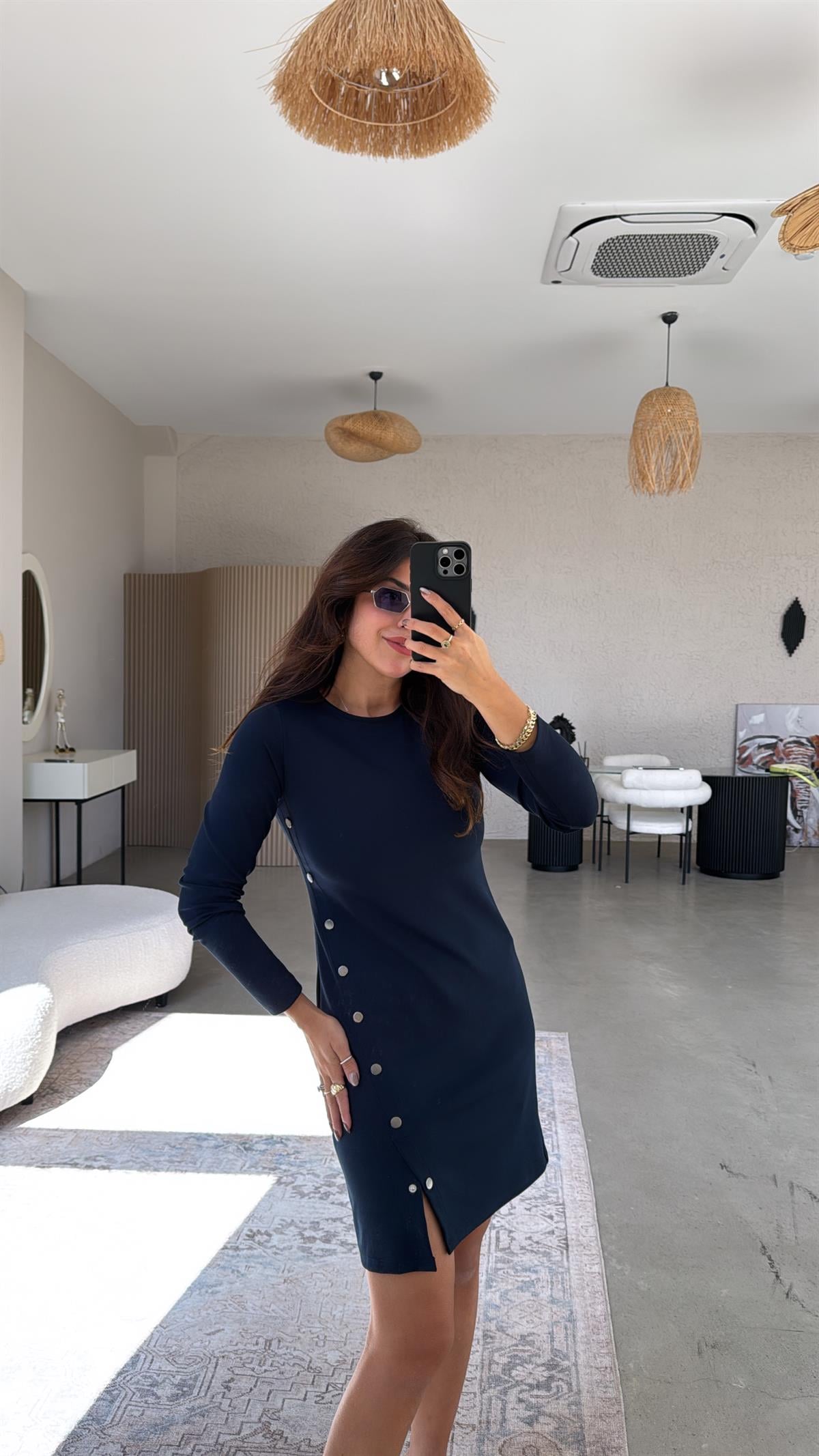 Lacivert Çıtçıt Detaylı Modal Elbise